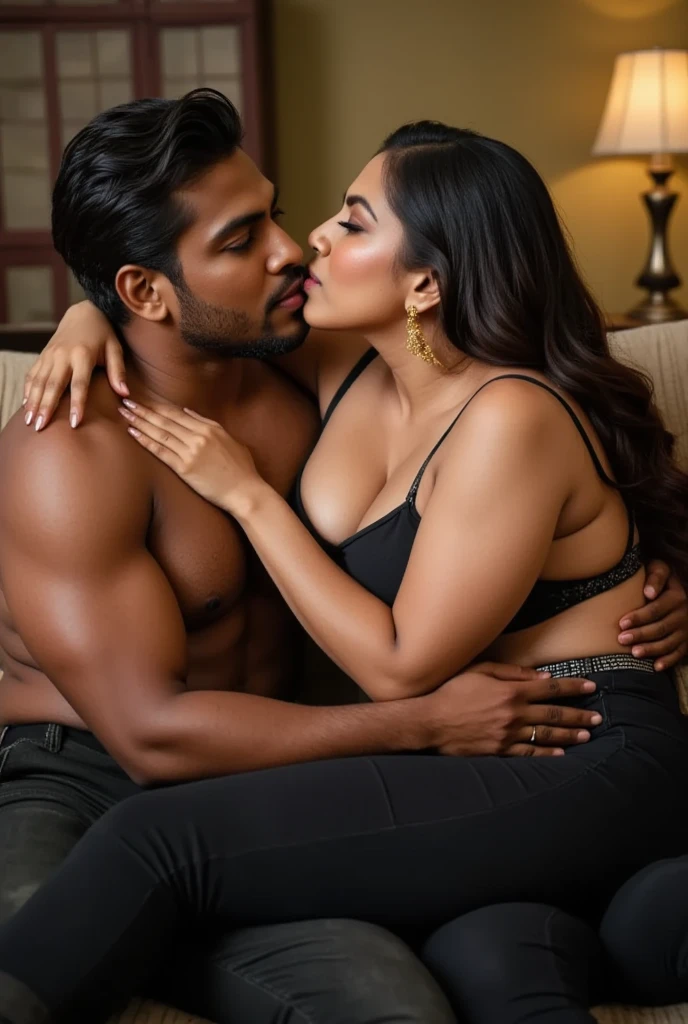Indian married couple, man and woman, short woman with long hair, big breasts, big hip, big ass, thick curvy, glass hour figure , 30 years Indian tall man buzz cut wearing shirt and jeans, woman wearing black Lace Underwired Lingerie Set and leggings, man slide down women panty and squeeze her big ass, Couple, sexy face, great detailed on faces, smile, eyes, lips, hair, hands, finger, thigh, legs, body figure, body shape, surrounding