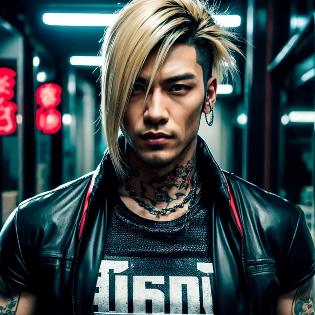 1 man, Japanese man, male, Asian eyes, muscular, broad shoulders, yakuza tattoos, hairstyle Visual Kei style, hair Visual Kei, black men's shirt and black pants, ultra detailed face, hyperrealistic, realistic representation, long hair, long hair, 30 years old, age 30 years, blond, blonde hair