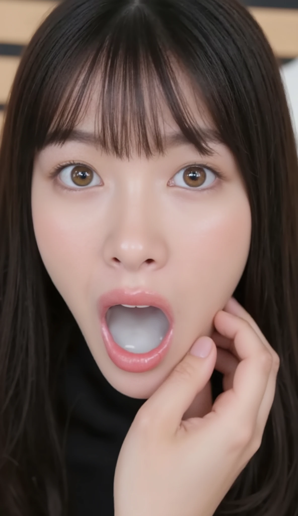 A high resolution photograph of a Japanese young woman, photo realistic, masterpiece, amazing quality, intricate details, professional lighting, solo, 1girl , face focus, black hair, detailed face, surprised face, (fingers brushing her lips), (white cum in mouth, open mouth:1.4), chin up, looking up at the camera, indoors,