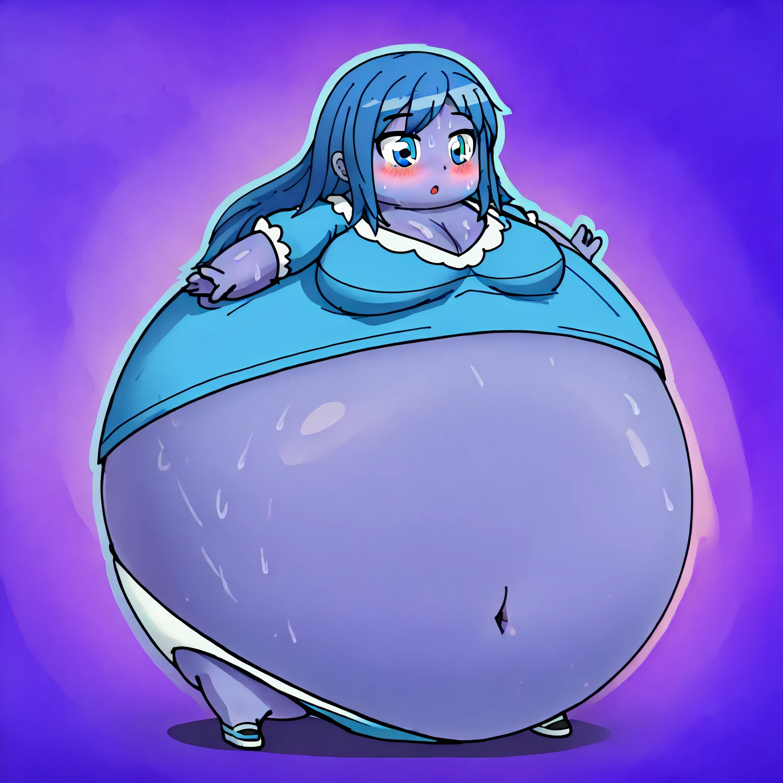 an immensely obese woman who is turning into a dark blue, juicy blueberry as she is laying on her back in bed, wearing nothing at all.  Her massive spherical belly, breasts, thighs, and pussy lips are immensely engorged to a gargantuan size and taut. She is incredibly horny and leaking blue juice