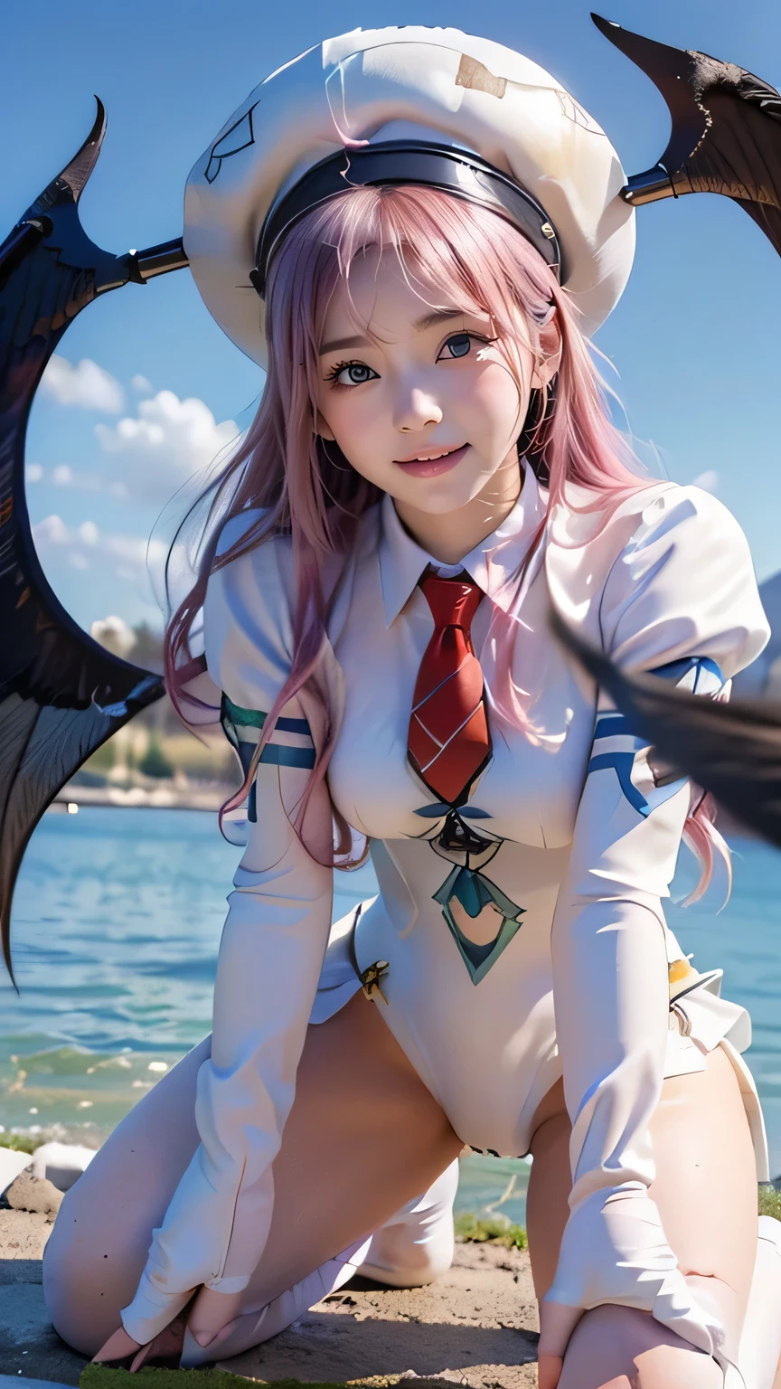 ((( Top quality ))), ((Masterpiece)), ( Details), ((Alone)),((((((aalala , long hair, hat, white headwear, head wings, green eyes, breasts, Red Necktie , white bodysuit, white leotard, puffy sleeves, white gloves, showgirl skirt, blue pantyhose, pink hair)))))), ((( slender body, big breasted , Cleevidge ,Wide ass, big ass, thick thighs, thin legs , tight hips in the water))), (( cameltoe, Camel Toes ,from below, low angle)),(( growing skin, white skin, growing skin)), Mysterious Light, ((( well-prepared face ))), (( big eyes)), ((((((Droopy eyes)))))), (( random angle )), (((( accurate anatomy )))), Completely-valid , eyeshadow , pink blush, earrings, necklace,(((Facing the front, getting down on your knees and spreading your legs:1.6, Random Sexy Poses:1.6))),