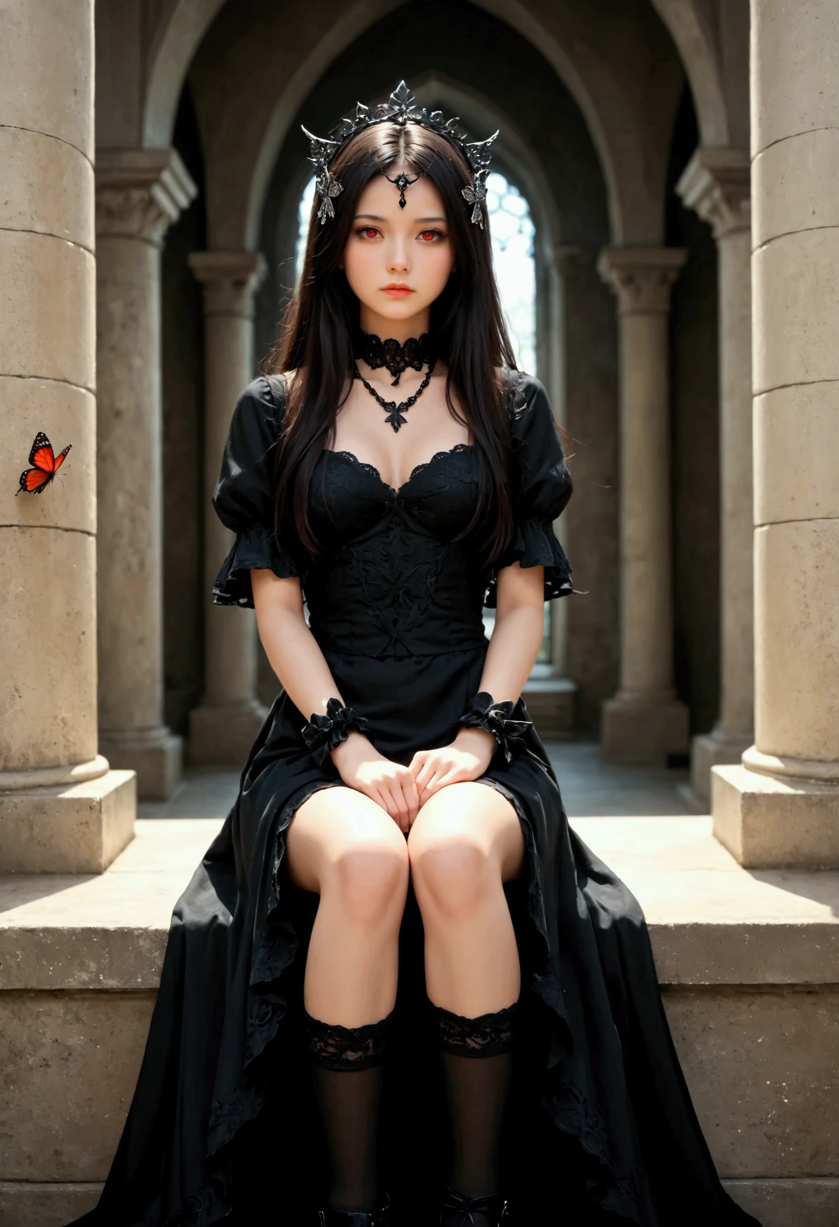 Expressionless,,(dark fantasy),(( Amazing Illustrations )),(Detail Splash), long dark hair, red eyes, girl , Pure black dress, Collar only, The cuffs and skirt are dark red , The red butterfly hair clip is fixed on the side, Masterpiece, 最 High Quality , High Quality , Headpiece ,, red and black crystal necklace , black knee-high socks