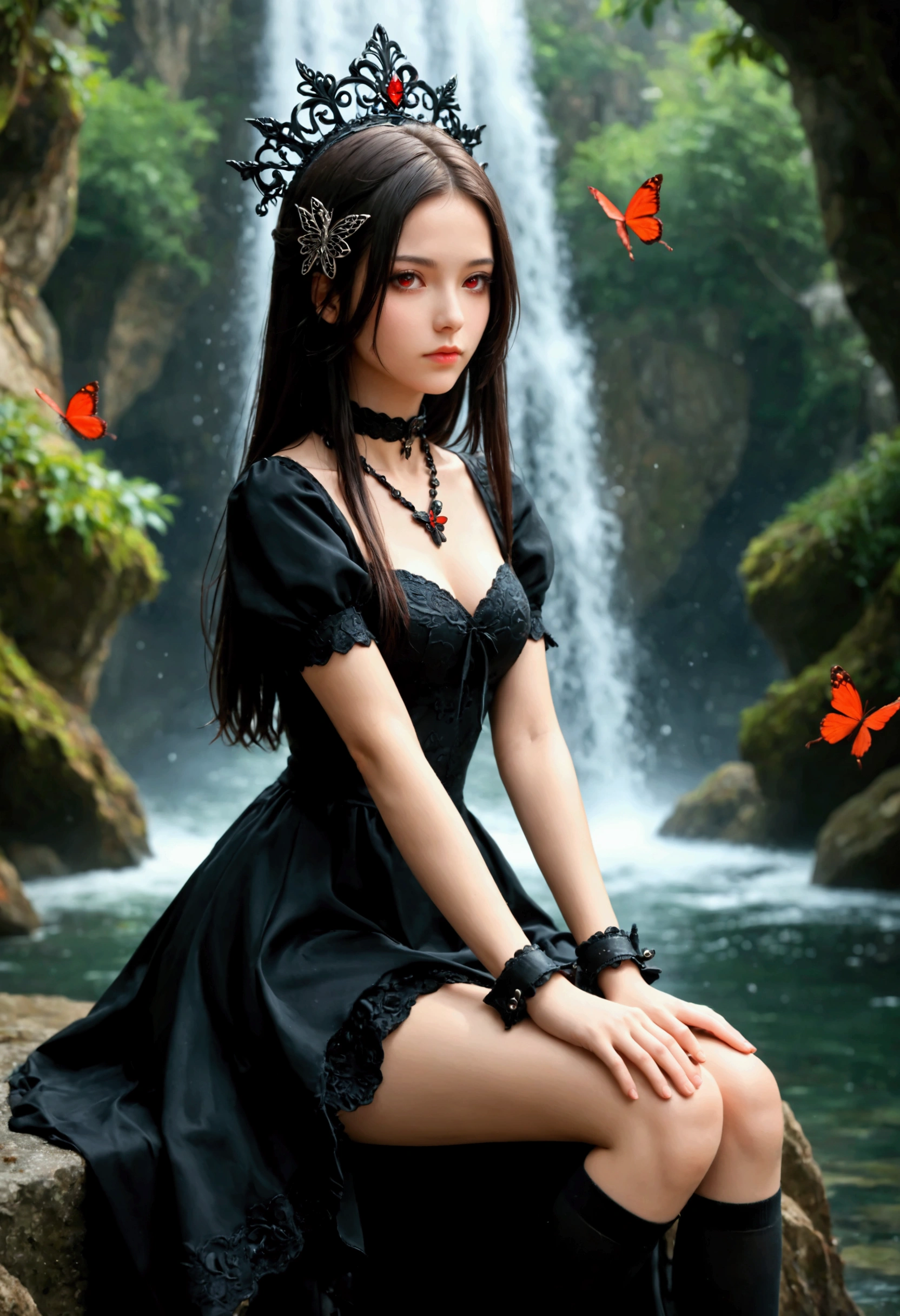 Expressionless,,(dark fantasy),(( Amazing Illustrations )),(Detail Splash), long dark hair, red eyes, girl , Pure black dress, Collar only, The cuffs and skirt are dark red , The red butterfly hair clip is fixed on the side, Masterpiece, 最 High Quality , High Quality , Headpiece ,, red and black crystal necklace , black knee-high socks