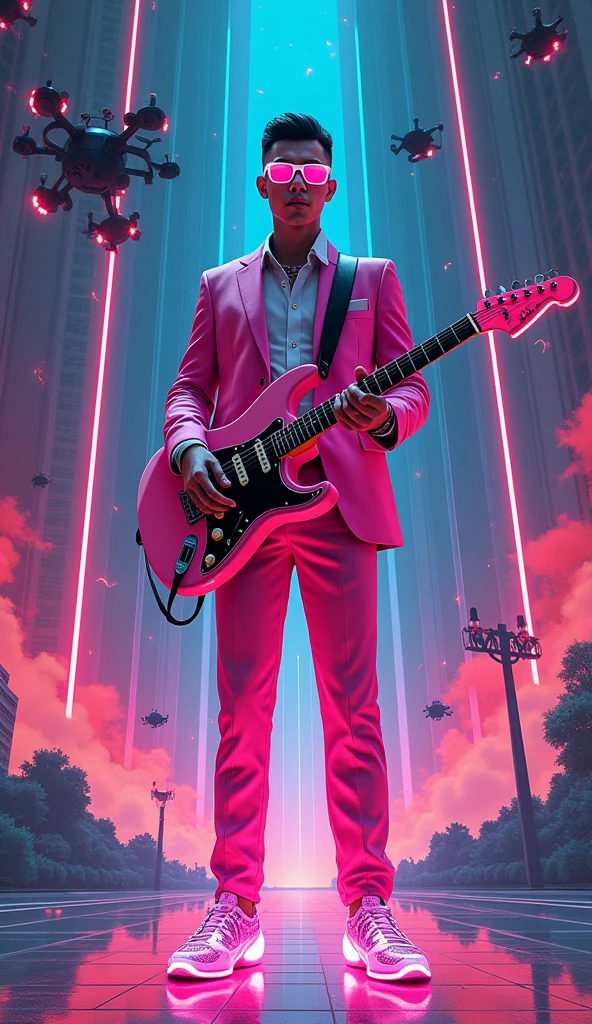 An artistic depiction of a man facing the viewer, wearing a sharp pink suit dress with futuristic design elements, holding a glowing guitar, and adorned with extravagant, high-tech shoes that feature illuminated accents. His futuristic gun-shaped glasses shimmer with energy. The background is a surreal, cyberpunk-inspired dreamscape filled with glowing neon lights, hovering drones, and abstract geometric patterns. The art style is a fusion of cyberpunk and high-fashion illustration, with bold lines, smooth gradients, and vibrant colors inspired by the works of Moebius and modern digital fantasy art. The scene exudes elegance and a futuristic vibe.