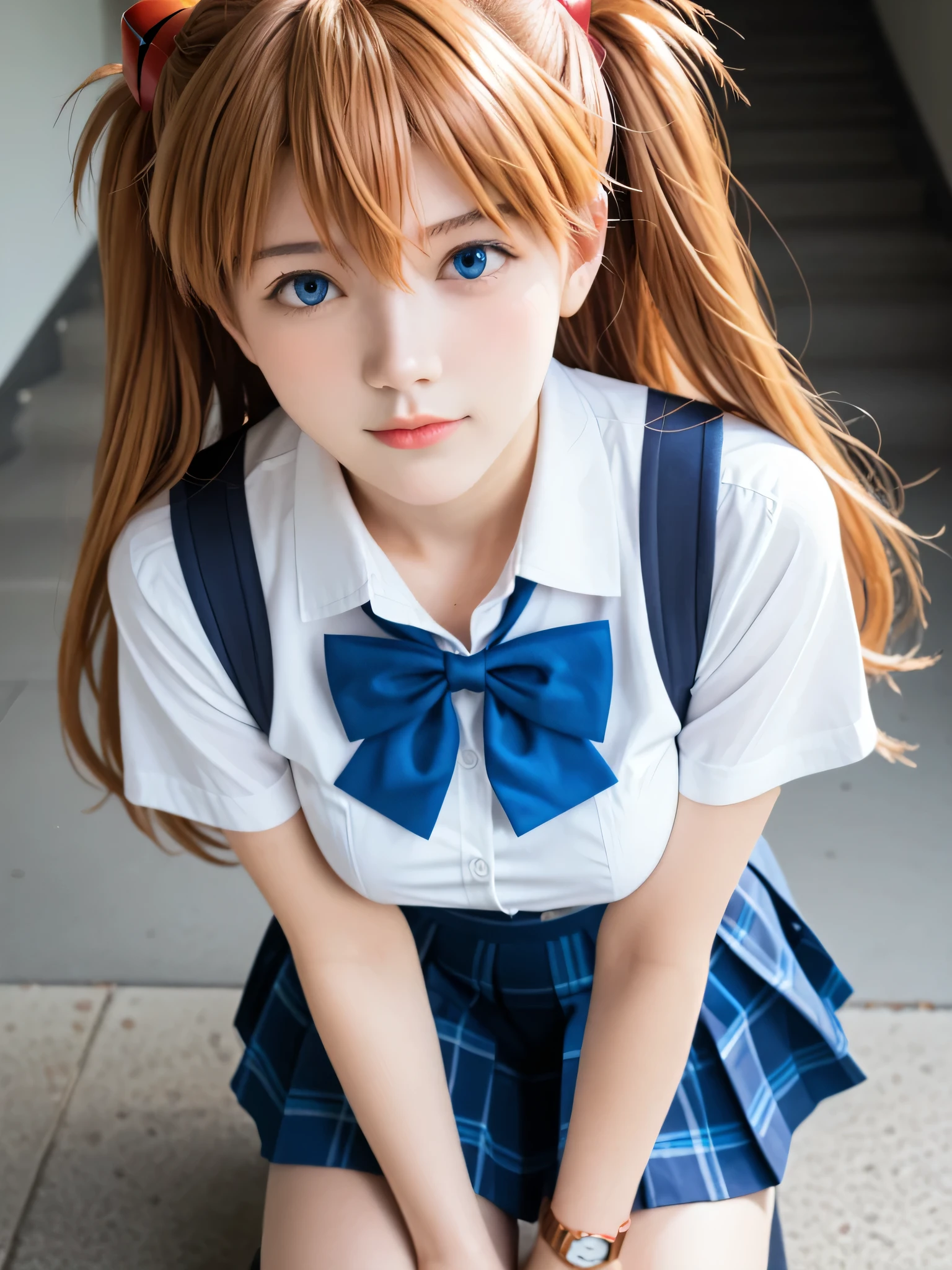 score_9, score_8_up, score_7_up, source_photo, realistic, photo, dramatic shadows, (((masterpiece, best quality))), ((((RAW photo, best quality, realistic, photo-realistic)))), ((((photorealistic)))), (((19 years old))), 1girl, asuka langley soryu, (souryuu asuka langley:1.5), ((((blue eyes))))), hair between eyes, skirt, shirt, ribbon, school uniform, white shirt, short sleeves, blue skirt, suspenders, watch, suspender skirt, wristwatch, perspective, orange hair, depth of field, sharp focus, (((eva school uniform))), (((tokyo-3 middle))), Detailed face, ((((medium breasts)))), big breasts, ((solo)), busty, ((1girl)), beautiful breasts, beautiful ass, love, caring, blush, appreciate, caring eyes, droopy eyes, shiny skin, beautiful breasts, beautiful ass, cute face, (((pretty sister))), ((pretty)), playfully scolding the viewer, Beautiful eyes, (((big eyes:1.3))), (((sensual vibe))), ((((feeling pleasure)))), ((((ideal body)))), ((energetic)), ((perfect fingers)), ((((night)))), ((((seductive pose)))), ((((sexy pose)))), (((realistic:1.4))), Dynamic pose, ((standing)), ((((leaning forward)))), ((((both hands on knees)))), ((((both hands on your back)))), ((((put your hands on your back))))