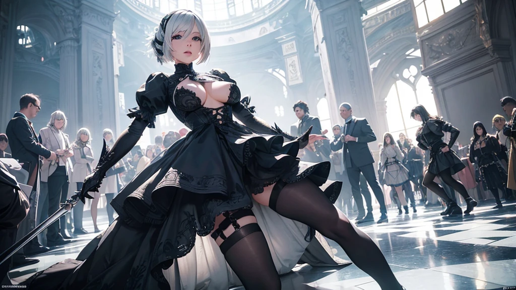 a highly detailed and extremely revealing cosplay of NieR 2B, full body portrait from head to toe, waist shot, Extreme combat poses, beautiful detailed eyes, beautiful detailed lips, extremely detailed eyes and face, long eyelashes, intricate costume design, dynamic pose, dynamic angle from ground, chaotic crowd of paparazzi photographers, vibrant colors, bright studio lighting, masterpiece, 8k, hyper-detailed, photorealistic, professional photography