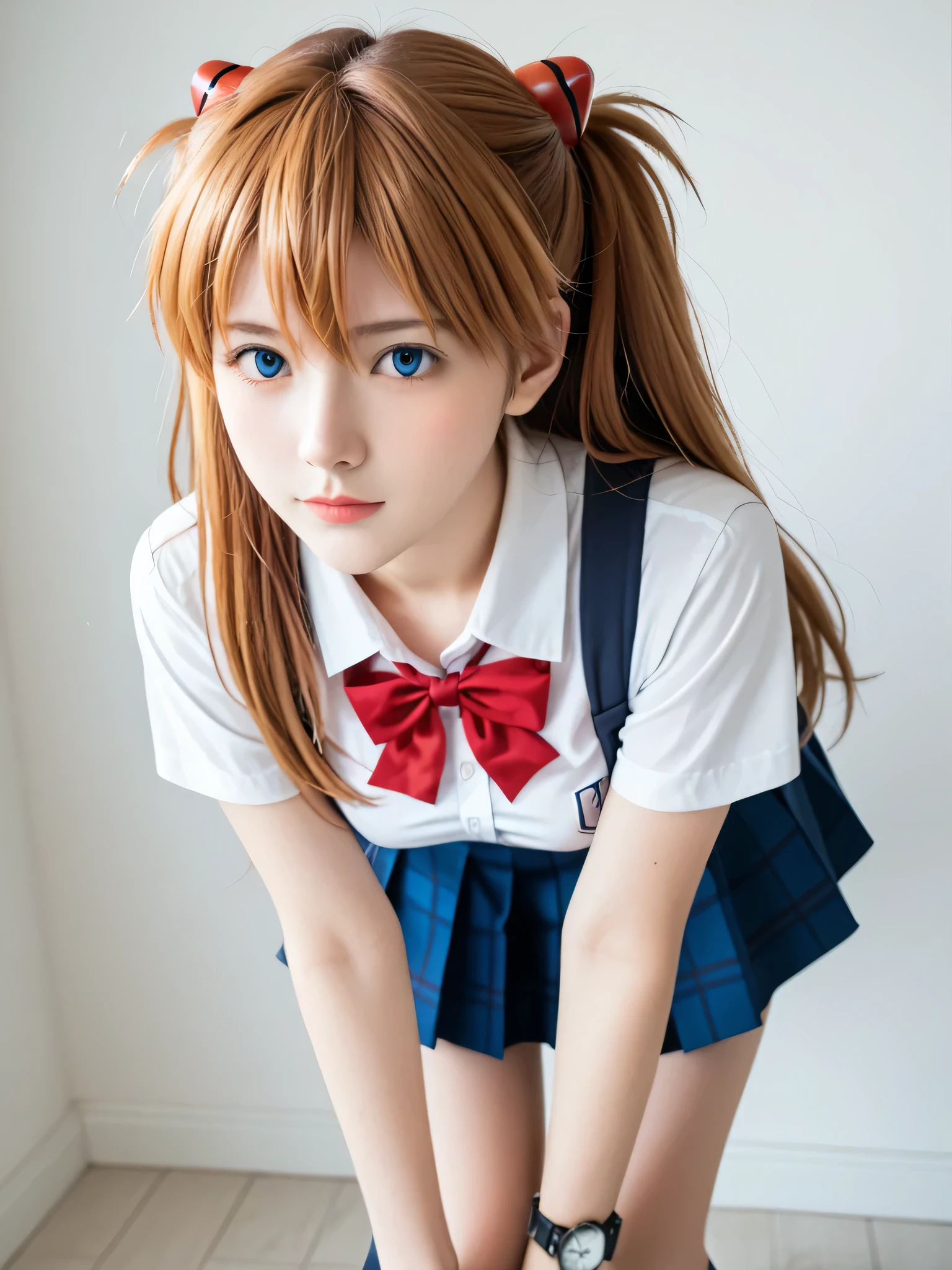 score_9, score_8_up, score_7_up, source_photo, realistic, photo, dramatic shadows, (((masterpiece, best quality))), ((((RAW photo, best quality, realistic, photo-realistic)))), ((((photorealistic)))), (((19 years old))), 1girl, asuka langley soryu, (souryuu asuka langley:1.5), ((((blue eyes))))), hair between eyes, skirt, shirt, ribbon, school uniform, white shirt, short sleeves, blue skirt, suspenders, watch, suspender skirt, wristwatch, perspective, orange hair, depth of field, sharp focus, (((eva school uniform))), (((tokyo-3 middle))), Detailed face, ((((medium breasts)))), big breasts, ((solo)), busty, ((1girl)), beautiful breasts, beautiful ass, love, caring, blush, appreciate, caring eyes, droopy eyes, shiny skin, beautiful breasts, beautiful ass, cute face, (((pretty sister))), ((pretty)), playfully scolding the viewer, Beautiful eyes, (((big eyes:1.3))), (((sensual vibe))), ((((feeling pleasure)))), ((((ideal body)))), ((energetic)), ((perfect fingers)), ((((night)))), ((((seductive pose)))), ((((sexy pose)))), (((realistic:1.4))), Dynamic pose, ((standing)), ((((leaning forward)))), ((((both hands on knees)))), ((((both hands on your back)))), ((((put your hands on your back))))