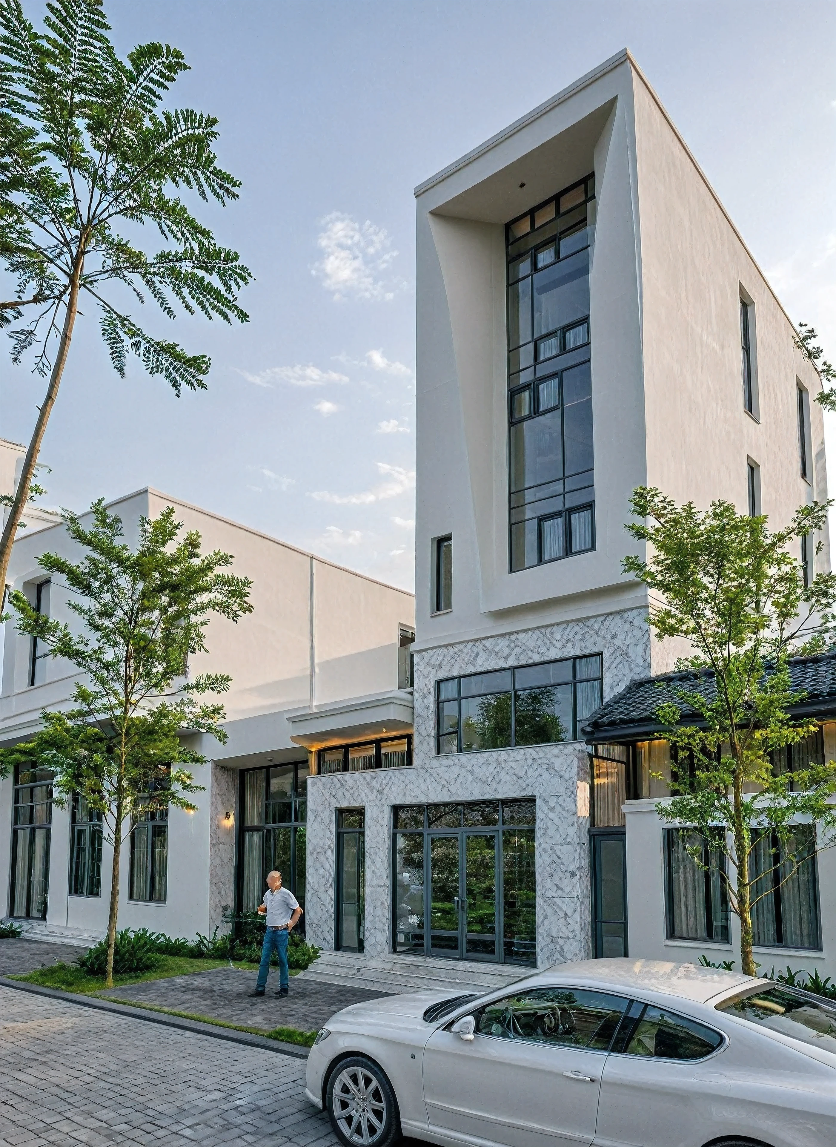 Raw photo, Masterpiece, high quality, best quality, realistic, super detailed, outdoor, neoclassical townhouse style, neoclassical traditional house, large glass windows and first floor, tiled roof green, white wall, sidewalk, grass, trees, tropical plants, clear sky, (natural light), (daylight:1.2)