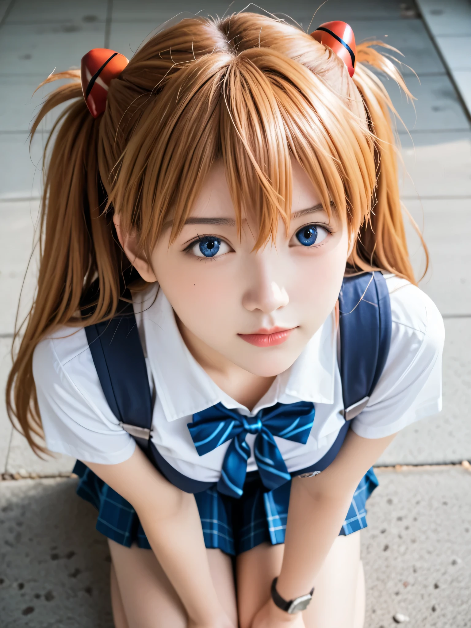 score_9, score_8_up, score_7_up, source_photo, realistic, photo, dramatic shadows, (((masterpiece, best quality))), ((((RAW photo, best quality, realistic, photo-realistic)))), ((((photorealistic)))), (((19 years old))), 1girl, asuka langley soryu, (souryuu asuka langley:1.5), ((((blue eyes))))), hair between eyes, skirt, shirt, ribbon, school uniform, white shirt, short sleeves, blue skirt, suspenders, watch, suspender skirt, wristwatch, perspective, orange hair, depth of field, sharp focus, (((eva school uniform))), (((tokyo-3 middle))), Detailed face, ((((medium breasts)))), big breasts, ((solo)), busty, ((1girl)), beautiful breasts, beautiful ass, love, caring, blush, appreciate, caring eyes, droopy eyes, shiny skin, beautiful breasts, beautiful ass, cute face, (((pretty sister))), ((pretty)), playfully scolding the viewer, Beautiful eyes, (((big eyes:1.3))), (((sensual vibe))), ((((feeling pleasure)))), ((((ideal body)))), ((energetic)), ((perfect fingers)), ((((night)))), ((((seductive pose)))), ((((sexy pose)))), (((realistic:1.4))), Dynamic pose, (((sitting))), (((kneeling))), (((squat))), ((((both hands on knees)))), ((((both hands on your back)))), ((((put your hands on your back))))