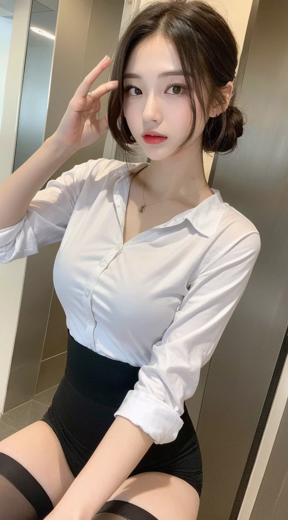 ((top-quality、8K、masterpies:1.3、Being in the company、OL、Office Casual Setup、White shirt with collar、very large breast bulge))、1girl in、Slim Beauty:1.3、Super Detail Face、Delicat eyes、二重まぶた、facial expression of smile、full body Esbian、Brown hair、Suntan-Skin、20yr old、bobhair、short-cut、erotick、Sensual look、stare