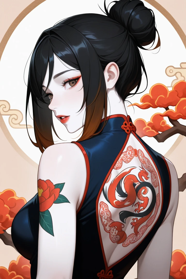 A close-up of an anime style illustration of a cyberpunk geisha with tattoos and piercings wearing a kimono made with intricate patterns in black, red, and gold colors. Her hair is a short bob cut, and she has big earrings, in the style of cool and cute. Detailed background. 