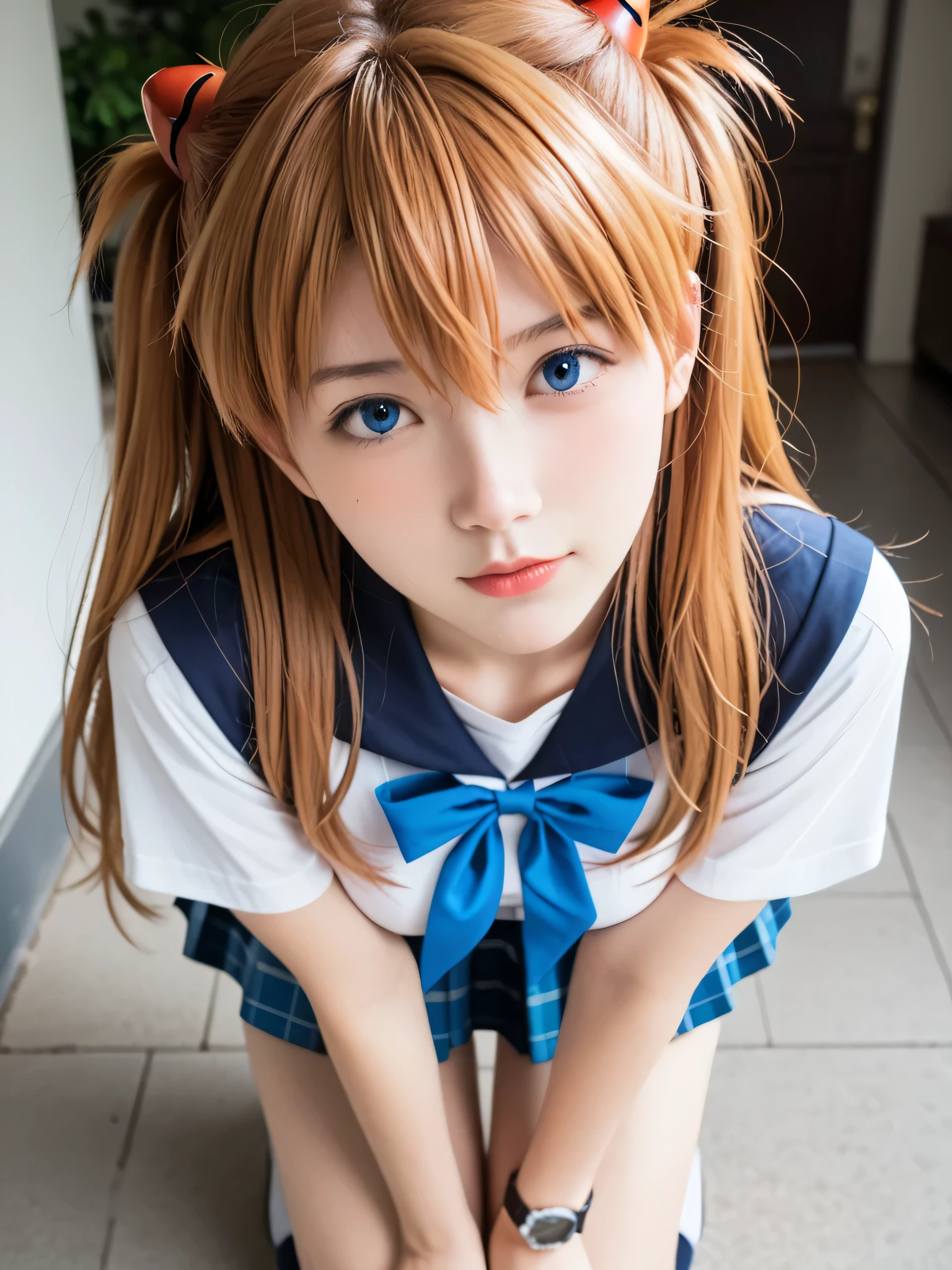 score_9, score_8_up, score_7_up, source_photo, realistic,  photo, dramatic shadows, (((masterpiece, best quality))), ((((RAW photo, best quality, realistic, photo-realistic)))), ((((photorealistic)))), (((19 years old))), 1girl, asuka langley soryu, (souryuu asuka langley:1.5), ((((blue eyes))))), hair between eyes, skirt, shirt, ribbon, school uniform, white shirt, short sleeves, blue skirt, suspenders, watch, suspender skirt, wristwatch, perspective, orange hair, depth of field, sharp focus, (((eva school uniform))), (((tokyo-3 middle))), Detailed face, ((((medium breasts)))), big breasts, ((solo)), busty, ((1girl)), beautiful breasts, beautiful ass, love, caring, blush, appreciate, caring eyes, droopy eyes, shiny skin, beautiful breasts, beautiful ass, cute face, (((pretty sister))), ((pretty)), playfully scolding the viewer, Beautiful eyes, (((big eyes:1.3))), (((sensual vibe))), ((((feeling pleasure)))), ((((ideal body)))), ((energetic)), ((perfect fingers)), ((((night)))), ((((seductive pose)))), ((((sexy pose)))), (((realistic:1.4))), Dynamic pose, ((standing)), ((((leaning forward)))), ((((both hands on knees)))), ((((both hands on your back)))), ((((put your hands on your back)))), (((view from above)))