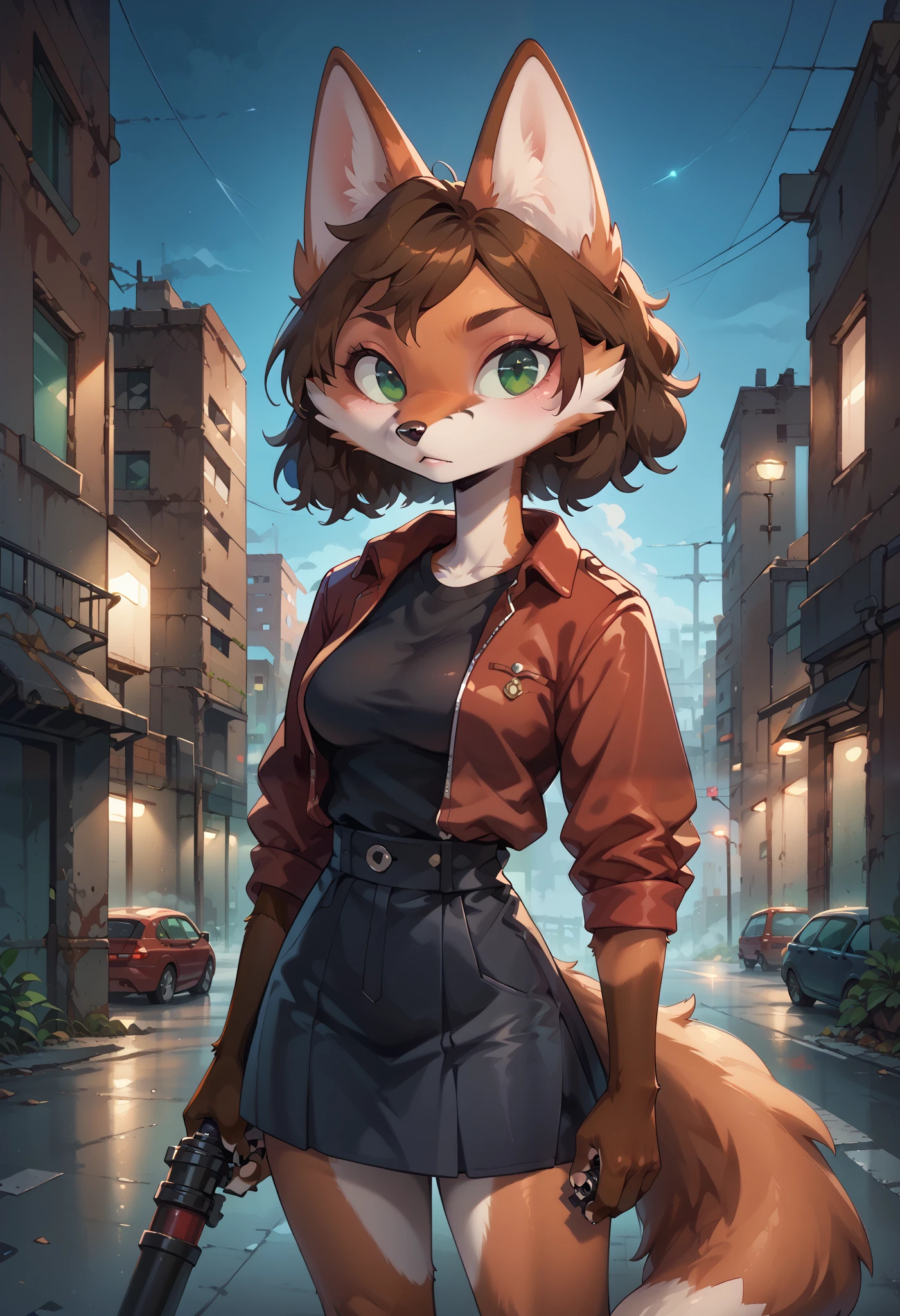 score_8_up, score_7_up, score_6_up, score_5_up, score_4_up, 1girl, solo, Sineki, anthro fox, brown hair, furry female, middle breasts, wide hips, green eyes, curly hair, brown body, 30yo, show accurate anime, 4k, ultra detailed, focus eyes, source_anime, anthro fox, thick fog, abandoned city, crossroad, serios face, hold flashlight, standing, in the fog, grey sky, red jacket, black skirt, black shirt, silent hill streets