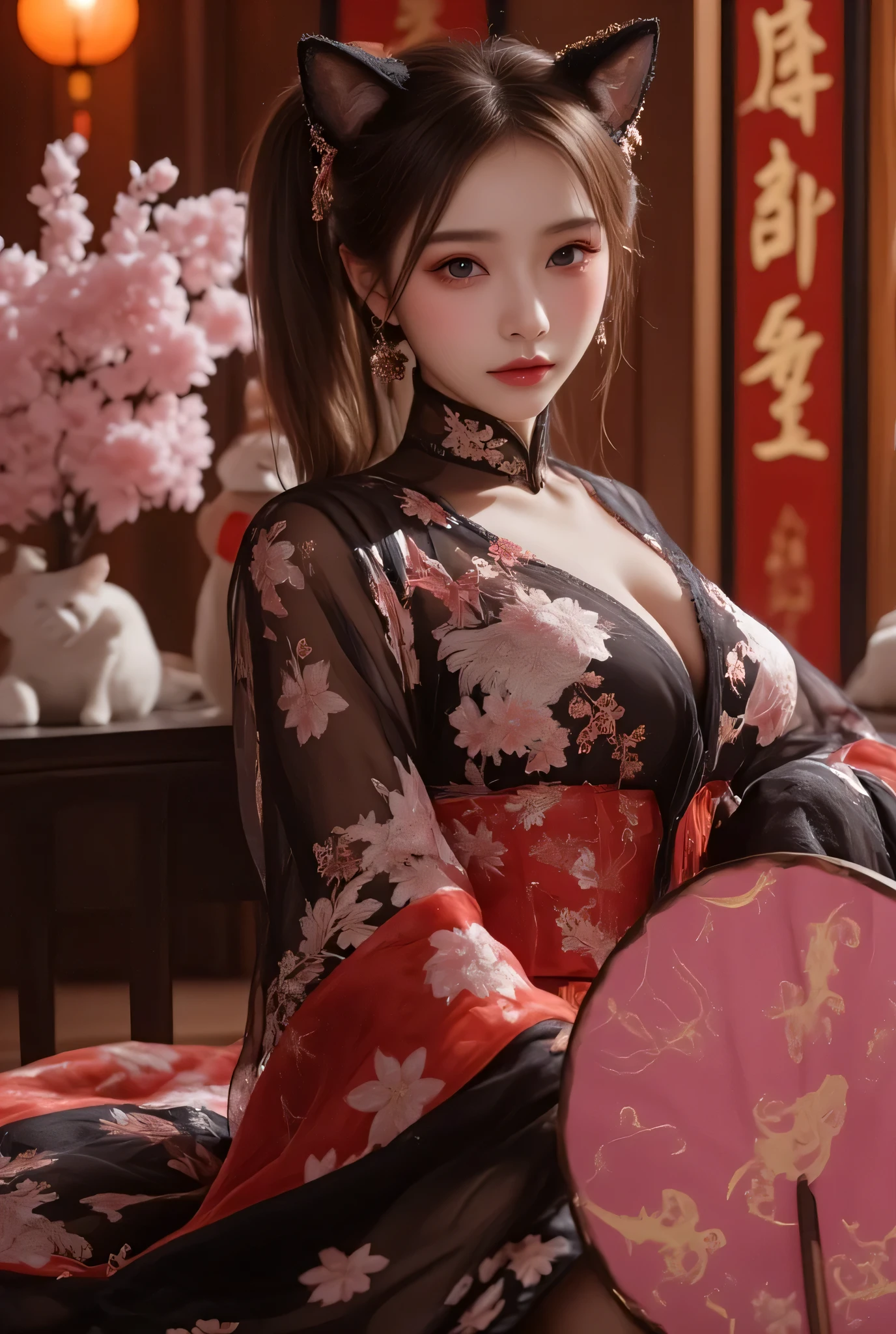 Cat ears、 face up, attractive, pretty girl, ponytail、 (( fine facial features , eroticism)), dramatic lighting , realistic , 8k, Dramatic Shadows , intricate and elaborate patterns , super detailed photo , chiaroscuro lighting , Pleasant colors , deep contrast , super real 、 pink lipstick、 warm room、Vintage Fireplace 、 cinematic composition、Close-up of face, pretty half part transparent open shoulder loose outfits dress, tang style, A beautiful Korean idol wearing a one piece red- black tightly cheongsam with phoenix and intricate floral golden embroidery, golden and silver outline on dress, hand hold pink feathers transparent Chinese fan with golden ink drawing, standing gracefully in a room filled with traditional Chinese New Year decorations. The room features vibrant red lanterns, decorative calligraphy scrolls, a small Chinese orange tree with golden ornaments, and several red envelopes scattered across the floor and hanging from the tree. Adorable, playful cats are part of the scene—some sitting near the tree, others curiously pawing at the red envelopes or lounging around. Through a window or an open door in the background, vibrant Chinese fireworks light up the night sky in an array of reds, golds, and blues, casting a magical glow into the room. The idol’s outfit is paired with subtle accessories like red hairpins or earrings, complementing the festive look. The atmosphere is warm and lively, filled with the joyful essence of the celebration, enhanced by the shimmering lights of the fireworks and the lively decor.