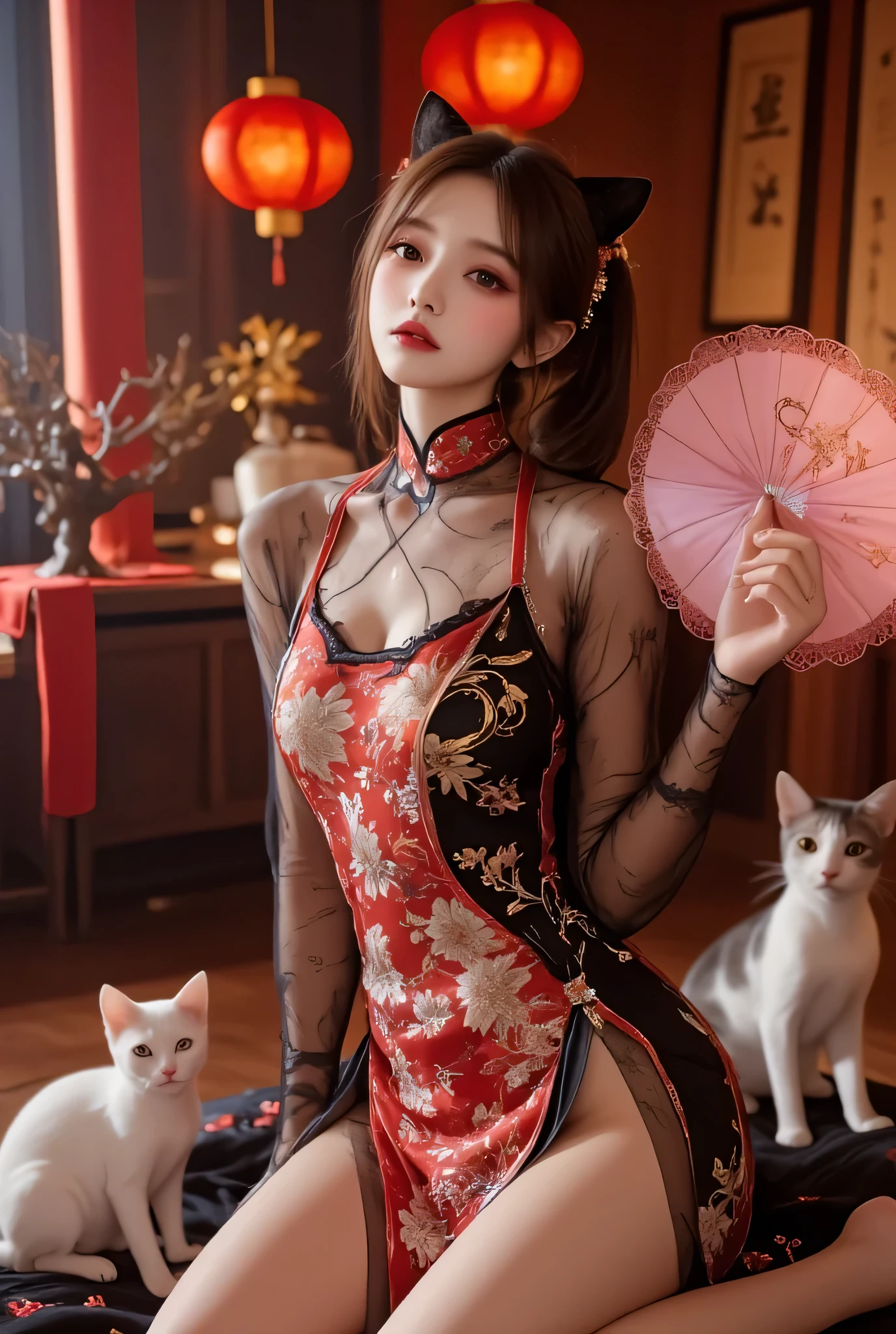 Cat ears、 face up, attractive, pretty girl, ponytail、 (( fine facial features , eroticism)), dramatic lighting , realistic , 8k, Dramatic Shadows , intricate and elaborate patterns , super detailed photo , chiaroscuro lighting , Pleasant colors , deep contrast , super real 、 pink lipstick、 warm room、Vintage Fireplace 、 cinematic composition、Close-up of face, pretty half part transparent open shoulder loose outfits dress, tang style, A beautiful Korean idol wearing a one piece red- black tightly cheongsam with phoenix and intricate floral golden embroidery, golden and silver outline on dress, hand hold pink feathers transparent Chinese fan with golden ink drawing, standing gracefully in a room filled with traditional Chinese New Year decorations. The room features vibrant red lanterns, decorative calligraphy scrolls, a small Chinese orange tree with golden ornaments, and several red envelopes scattered across the floor and hanging from the tree. Adorable, playful cats are part of the scene—some sitting near the tree, others curiously pawing at the red envelopes or lounging around. Through a window or an open door in the background, vibrant Chinese fireworks light up the night sky in an array of reds, golds, and blues, casting a magical glow into the room. The idol’s outfit is paired with subtle accessories like red hairpins or earrings, complementing the festive look. The atmosphere is warm and lively, filled with the joyful essence of the celebration, enhanced by the shimmering lights of the fireworks and the lively decor.