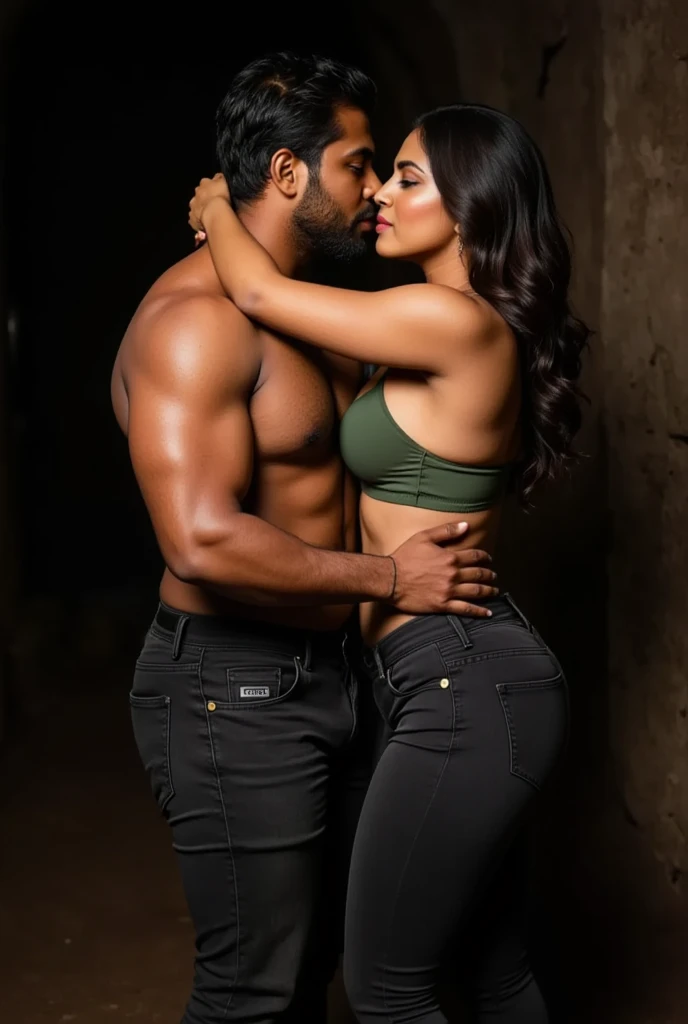 2 person one 50 years old beared indian jaat hunk man and one 18 years old indian girl in one photo, 50 years old Desi beared mascular dark skin jaat with huge wide muscular shoulders, wide chest, abs, masculine wide triceps, arms, biceps, big masculine legs, wide thighs, calfs, black-haired, hair falls on your face, Mesmerizing brown eyes, tight fitting undies with huge bulge, gloves in hand, kissing mouth to mouth with indian girl in gym, indian couple girl man mouth to mouth kissing, seductive kissing 