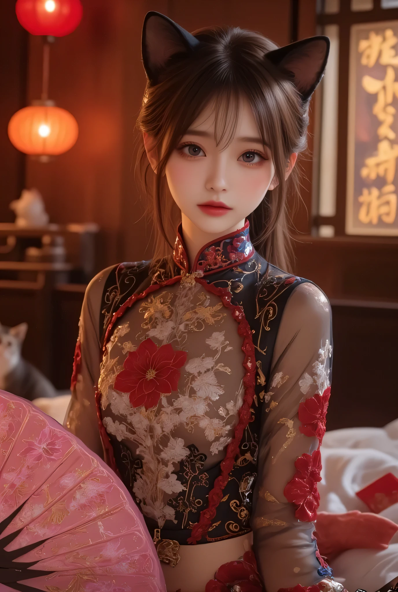 Cat ears、 face up, attractive, pretty girl, ponytail、 (( fine facial features , eroticism)), dramatic lighting , realistic , 8k, Dramatic Shadows , intricate and elaborate patterns , super detailed photo , chiaroscuro lighting , Pleasant colors , deep contrast , super real 、 pink lipstick、 warm room、Vintage Fireplace 、 cinematic composition、Close-up of face, pretty half part transparent open shoulder loose outfits dress, tang style, A beautiful Korean idol wearing a one piece red- black tightly cheongsam with phoenix and intricate floral golden embroidery, golden and silver outline on dress, hand hold pink feathers transparent Chinese fan with golden ink drawing, standing gracefully in a room filled with traditional Chinese New Year decorations. The room features vibrant red lanterns, decorative calligraphy scrolls, a small Chinese orange tree with golden ornaments, and several red envelopes scattered across the floor and hanging from the tree. Adorable, playful cats are part of the scene—some sitting near the tree, others curiously pawing at the red envelopes or lounging around. Through a window or an open door in the background, vibrant Chinese fireworks light up the night sky in an array of reds, golds, and blues, casting a magical glow into the room. The idol’s outfit is paired with subtle accessories like red hairpins or earrings, complementing the festive look. The atmosphere is warm and lively, filled with the joyful essence of the celebration, enhanced by the shimmering lights of the fireworks and the lively decor.