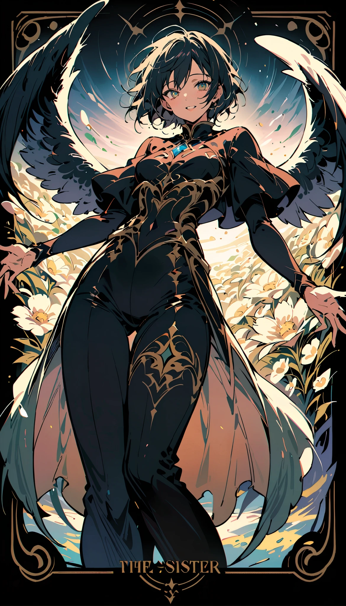  Alfred Kubin style ，Tarot cards，Angel，sacred，Big Sister， huge wings，feather，Chuckling, (From below),Spread your wings and slowly land from the sky，Half Body， with open hands ， white and flawless clothes from the sky， Magical Sky 、Expansive flower fields ，close up，8K， high quality ， masterpiece，very good， rich details， highly detailed face and eyes.