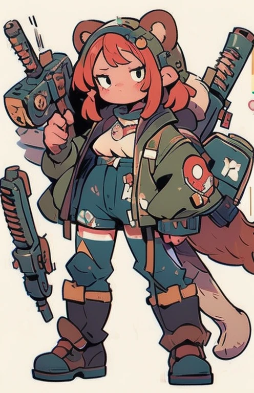 ( Highly Detailed CG Unity 8K Wallpaper),(Masterpiece), ( best quality ), ( Ultra Details), ( best illustration),( Best Shadow ), 1girl , Oversized outerwear, large clothes with bugles , battle scene, musket , military boots, military helmet with bear ears, Urban Warfare, combat posture
