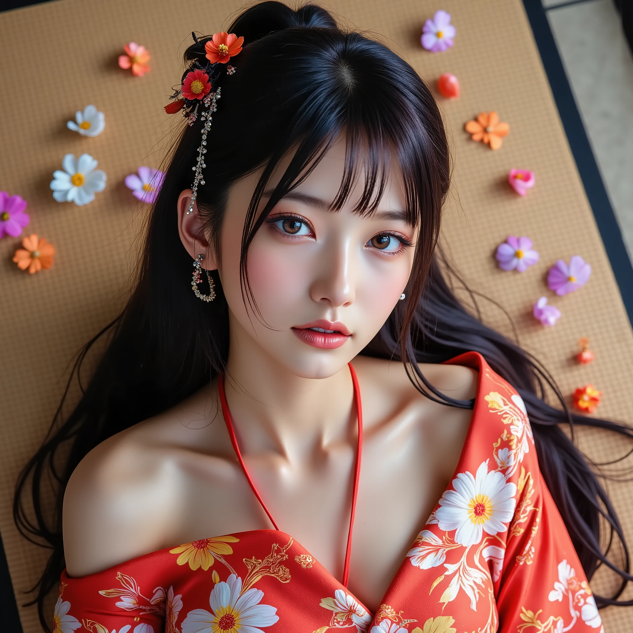 (Canon), (EOS R5), (50mm), (( photorealistic:1.5)), (No lens flare :1.5), (超 high resolution), (masterpiece), accurate, ( realisticな質感の肌), more details, high detail, High Quality , Award-winning work , 最 High Quality , 32K, is written in depth, digital camera, Award-winning glamour photo , professional writing, ((最 High Quality :1.5)), ((masterpiece:1.5)), (( realistic)), high resolution, (とても美しくて可愛い1 personの日本人女性), ((Aerial view from above :1.5)), (( upper body shot from head to knee :1.5)), ( full body shot:1.4), ((A half-naked Japanese woman wearing a Japanese kimono)), ((Lying on your back on a beautiful tatami mat in a Japanese-style room :1.5)), ((Lying on your back :1.5)), ((( wearing only Japanese kimonos , no underwear, Semi-nude:1.5))), ((( The cleavage between your shoulders and bust looks big :1.8))), (1 person), ((Beautiful and cute, 18 year old Japanese)), (( very cute high school girl with a good shape )), ( beautiful black hair ponytail), Very beautiful and sexy, Fascinating Beauty , seductive pose , Height: 160cm, slim figure, Beautifully shaped bust , D Cup, (A very cute, cheerful smile:1.5), (Alone:1.5), ( brown eyes:1.9), ( Detailed depiction of extremely realistic skin ), (Highly detailed, realistic eyes:1.9), (Very beautiful, long, realistic eyelashes), (Highly detailed, realistic eyebrows), (丸い brown eyes :1.8), ( beautiful catchlight on the eyes), (Realistic lips with moisture ), ( white realistic teeth arranged neatly), ( Beautiful and Detailed Face :1.6), (Hourglass body shape:1.6), (Wasp waist :1.5), ( Perfectly round and beautifully shaped bust :1.8), ( clearly contoured cheekbones :1.5), ( perfect style body :1.8), (Healthy body :1.8), (Narrow shoulders:1.9), ( staring at viewers ), ( seductive gaze ), (Beautiful, natural-looking hands), (Beautiful pink nails of perfect length), ( very cute smile:1.1), (Waist, I can see my stomach:1.4), Intricate and detailed, colorful depiction , (( A red Japanese kimono with a beautiful and cute floral pattern designed like an orchid:1.5)), (( The kimono is large and the shoulders and chest are quite exposed :1.3)), (( off shoulder:1.5)), (Beautiful Japanese kimonos), (Kimono with a flower pattern on red fabric, 女性 1 person, Open back, full body photo, Flower Hairpin, (Ikebana can be seen behind it ), extremely sexy sensual body , , like々 sensual elegance, Sexy Body , Sexy appearance, Lying on the tatami mat in a Japanese-style room, The groin and thighs are exposed , shot taken from directly above, ( Beautiful pink, yellow, and white petals are scattered on the tatami mat), Japanese style hairpin, Japanese Style Hair Ornament, A gentle-looking face, thin waist , ( Beautiful cleavage of the bust can be seen quite a bit ), blur background, Illuminate the face, dynamic pose, thighs, Beautiful Legs , beautiful body line, white skin, Art Photography, beautiful soft lighting ,