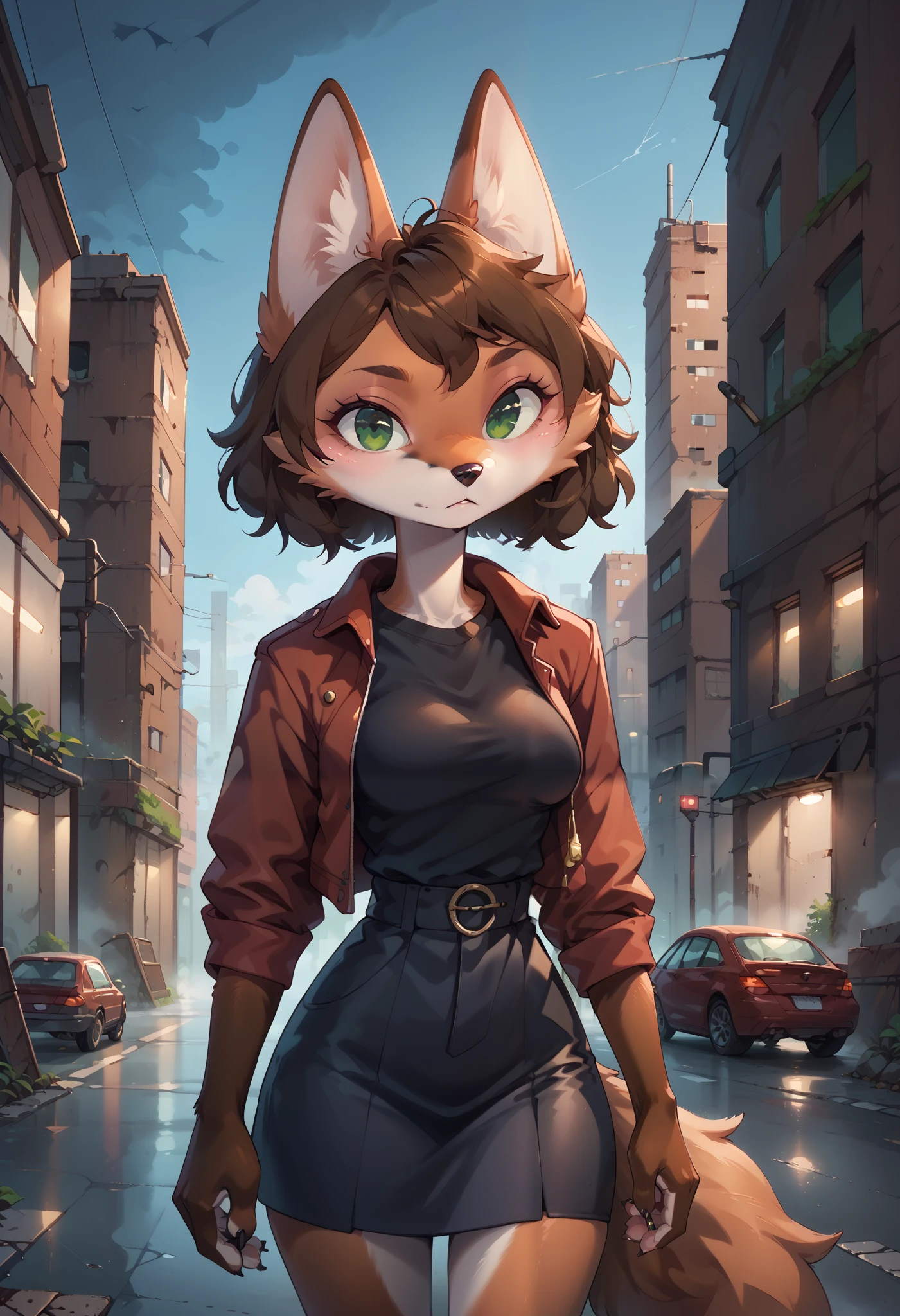 score_8_up, score_7_up, score_6_up, score_5_up, score_4_up, 1girl, solo, Sineki, anthro fox, brown hair, furry female, middle breasts, wide hips, green eyes, curly hair, brown body, 30yo, show accurate anime, 4k, ultra detailed, focus eyes, source_anime, anthro fox, thick fog, abandoned city, crossroad, serios face, hold big pipe, standing, fog, in the fog, grey sky, red jacket, black skirt, black shirt, silent hill streets