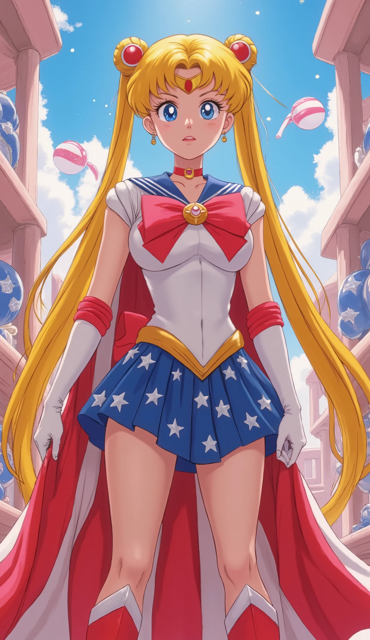 SAILOR MOON AS wonder woman WEARING A PATRIOTIC WONDER WOMAN COSTUME AND CAPE