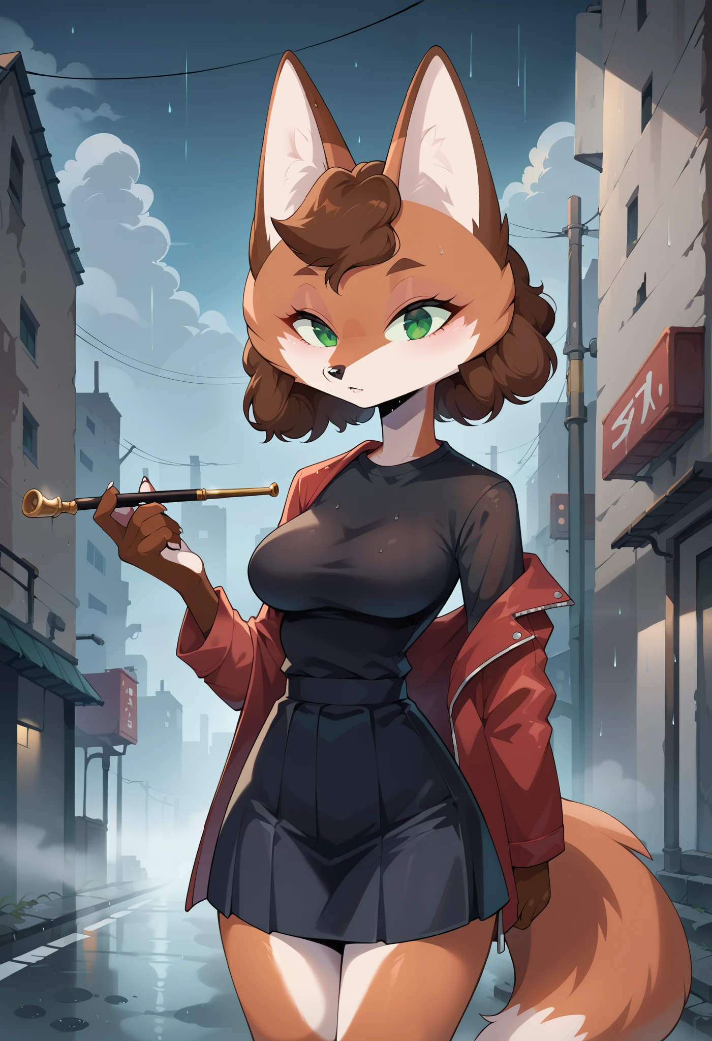 score_8_up, score_7_up, score_6_up, score_5_up, score_4_up, 1girl, solo, Sineki, anthro fox, brown hair, furry female, middle breasts, wide hips, green eyes, curly hair, brown body, 30yo, show accurate anime, 4k, ultra detailed, focus eyes, source_anime, anthro fox, thick fog, abandoned city, crossroad, serios face, hold big pipe, standing, fog, in the fog, grey sky, red jacket, black skirt, black shirt, cloudy, steam, rain, 