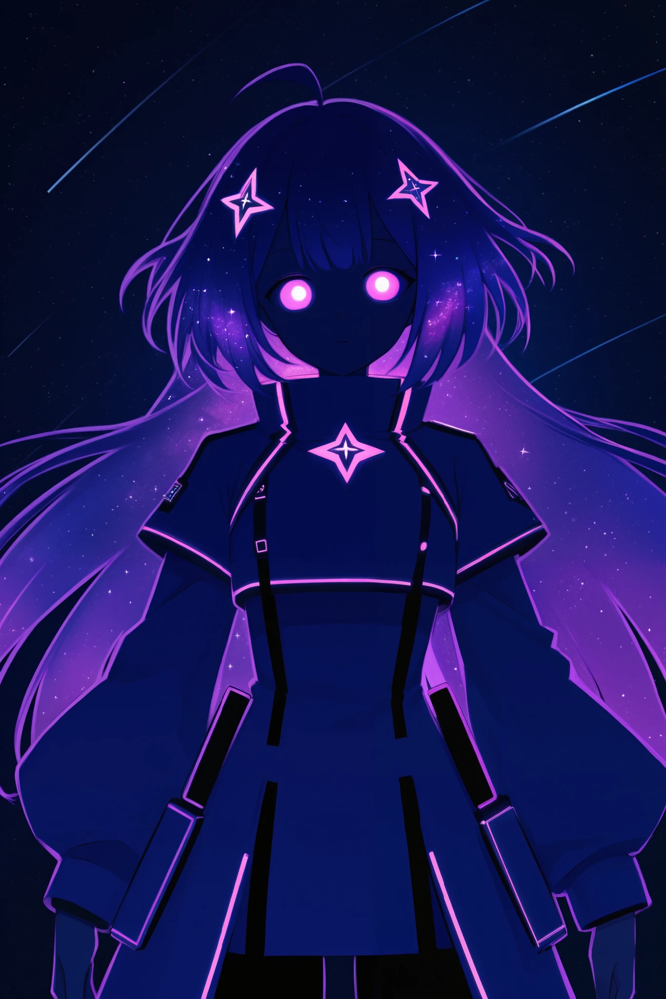 "A cosmic waifu with galaxy-patterned hair, glowing eyes, and a futuristic outfit surrounded by stars and planets."