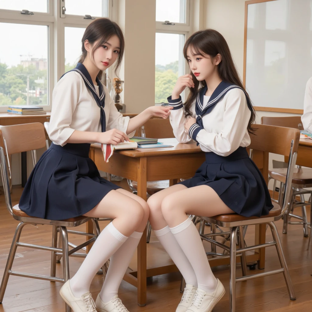 female high-school student,at class room,sit on chair,a beauty girl,Super good figure,white stockings,White and tender skin,
