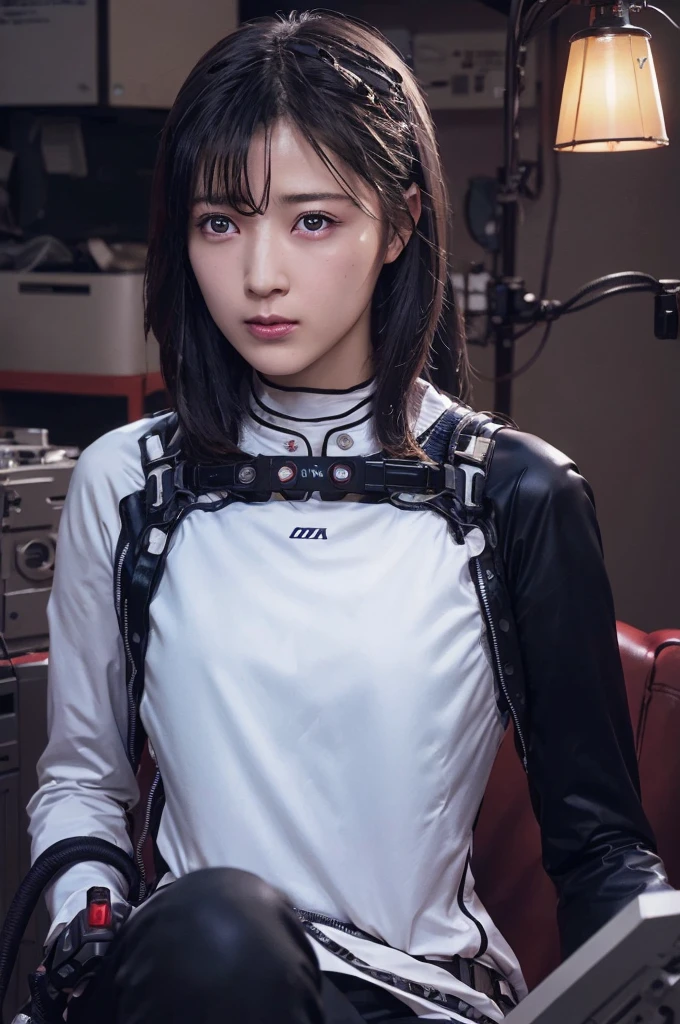 Wide-angle shot, 1 female, Mecha, Shining black eyes, Very cute face, (Realistic:1.37), バイオMechaニカル, Spaceship interior bokeh background, Ultra-realistic, Very detailed, Very intricate details, Beautiful woman in focus