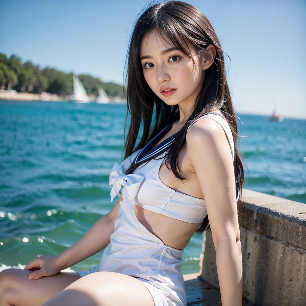 masterpiece, best quality,fuyusaka iori 1, 1girl, solo, (venus bikini:1.2),hair flower, hair ornament, flower, long hair , full body, grey hair, white flower, grey eyes,looking at viewer, highly detailed city background,(ulzzang-6500:0.8), blush,