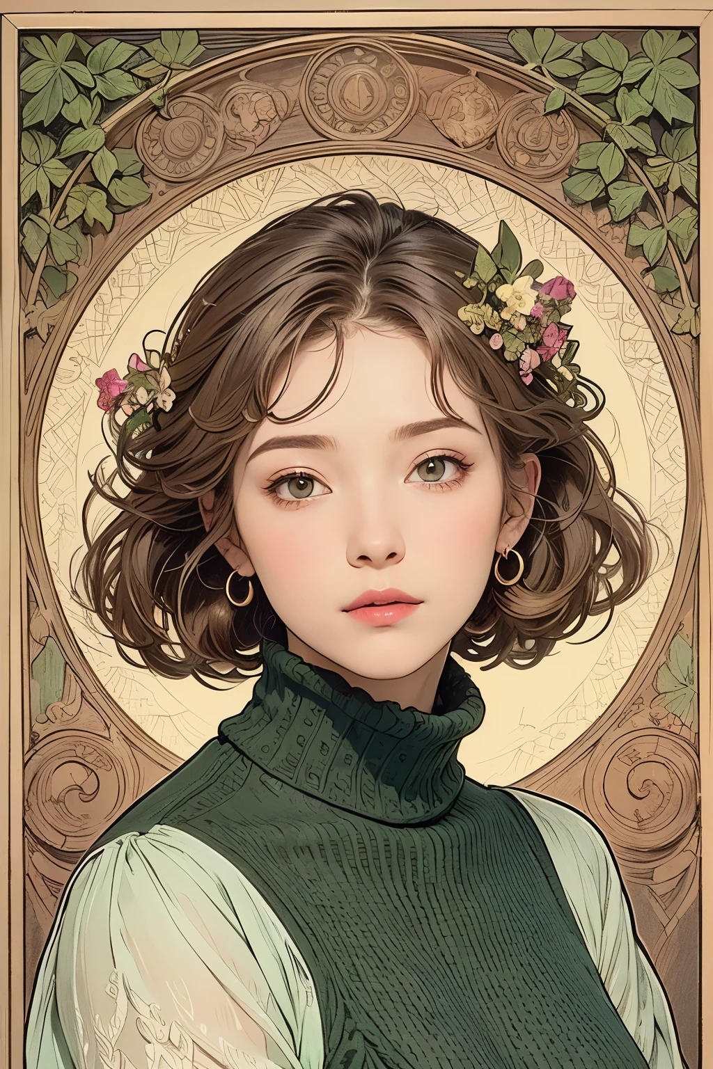Highly detailed drawing of a plain but beautiful woman done in alcohol ink, (dark colors), (old and faded colors, very dark image quality), stress-free mixed media masterpiece, (loosely curled medium length silvery grey hair), focus on face, (close-up), serene expression, lustrous skin, glossy lips, (simple rustic country style knitted sweater), (slim figure), fine details, intricate details, line drawing, midwinter garden, midwinter twilight, cold snow falling, small winter flowers, dead trees, (Alphonse Mucha compositional style), Art Nouveau frame decorated with snowflakes, use of outlines, clean line drawing, Art Nouveau inspired decoration, bright and strong primary colors used as accents, mixed media,