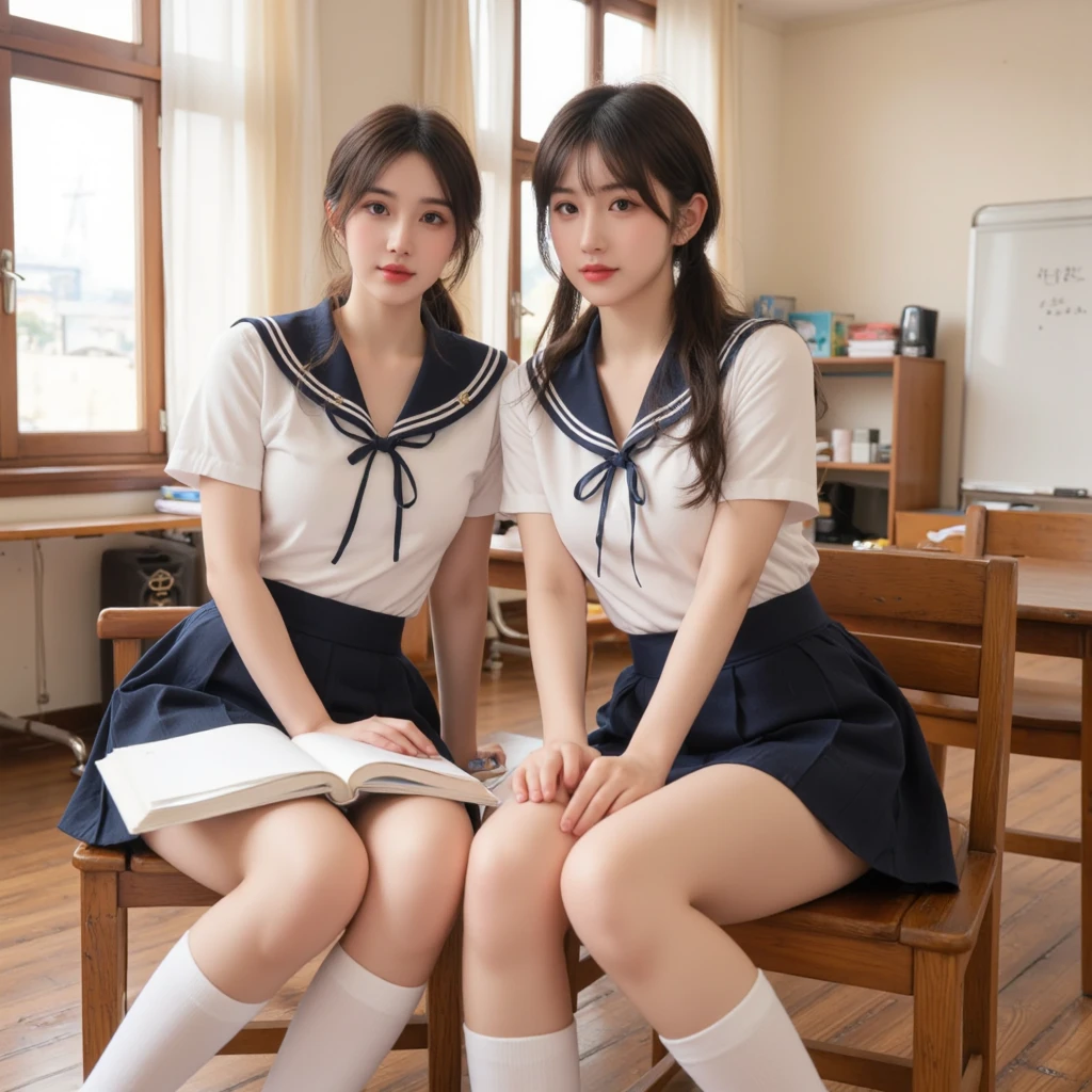 (1 man:1.8),The man is teacher,man is 50 year old,(man is smile:1.2),many is black shirt,(man show briefs:1.4),(the man is fullnude:1.2),2 girls,group,A good friend, office, sitting office chair, 15 year old, (Small breasts:1.3),(skinny:1.2),AKB48,nogizaka46,(navy blue blazer,white blouse,checked mini skirt,red ribbon,high school uniform:1.1),smile,beautiful girl,highest quality,High resolution,be familiar with,perfect anatomy,beautiful and fine eyes,(school:1.3),(classroom:1.5),(many student:2.0), Chair,Desk,laptop,(short ponytails:1.2),(black tights:1.2),(smile:1.2),(open legs:1.3),(cowboyshot:1.6),Young beauty spirit ,bsp,(full-face blush:1.5),(smile:1.2),anguish,(public indecency:1.0),(cry:1.2),(I'm on the phone:1.5),(front view:1.0),(Calling on smartphone:1.8),(hold a smartphone in hand:1.9),(handjob:1.5),(girl is fullnude:1.8),(show pussy:1.4),(skirt lift:1.4),