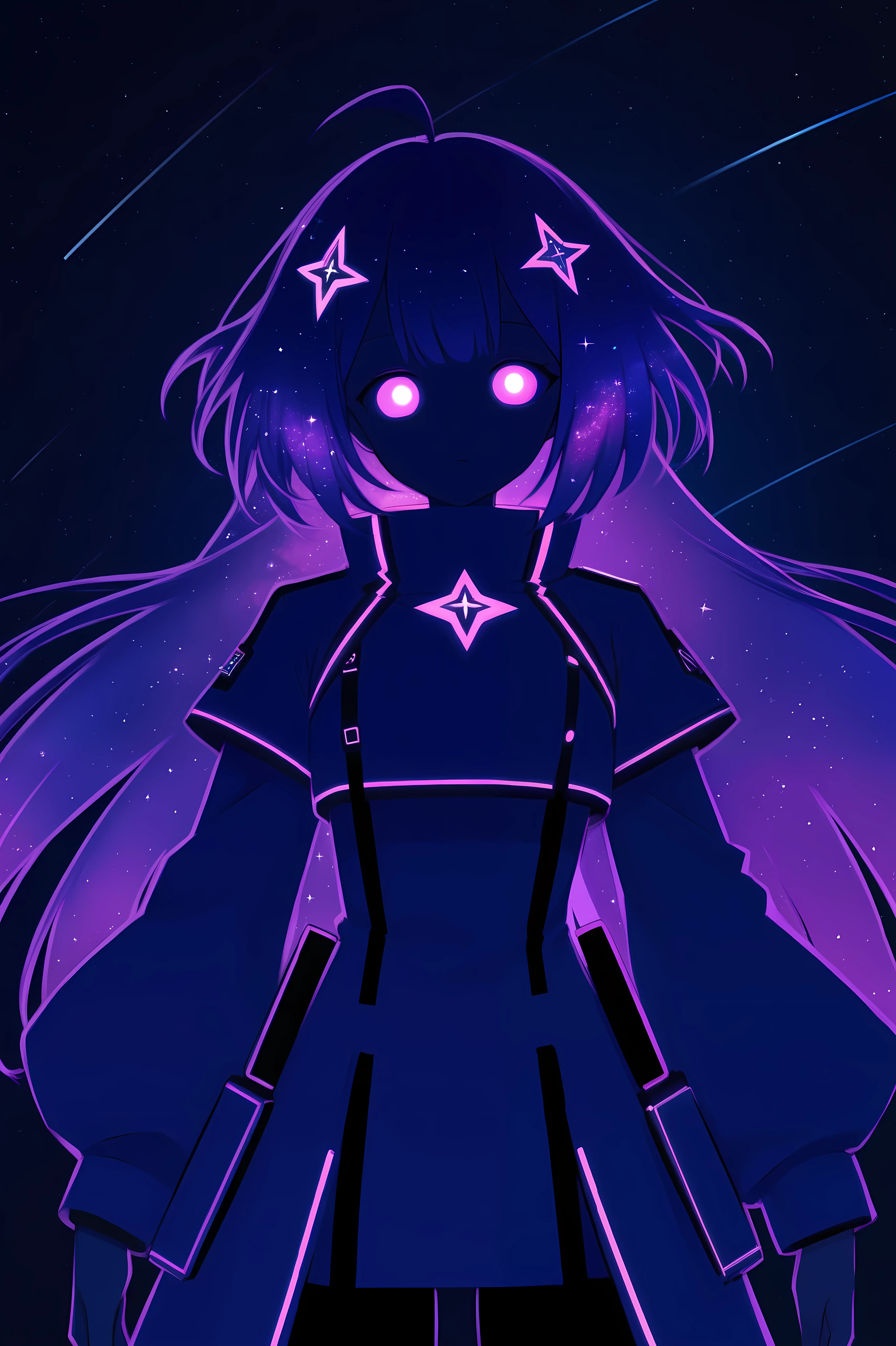 "A cosmic waifu with galaxy-patterned hair, glowing eyes, and a futuristic outfit surrounded by stars and planets."
