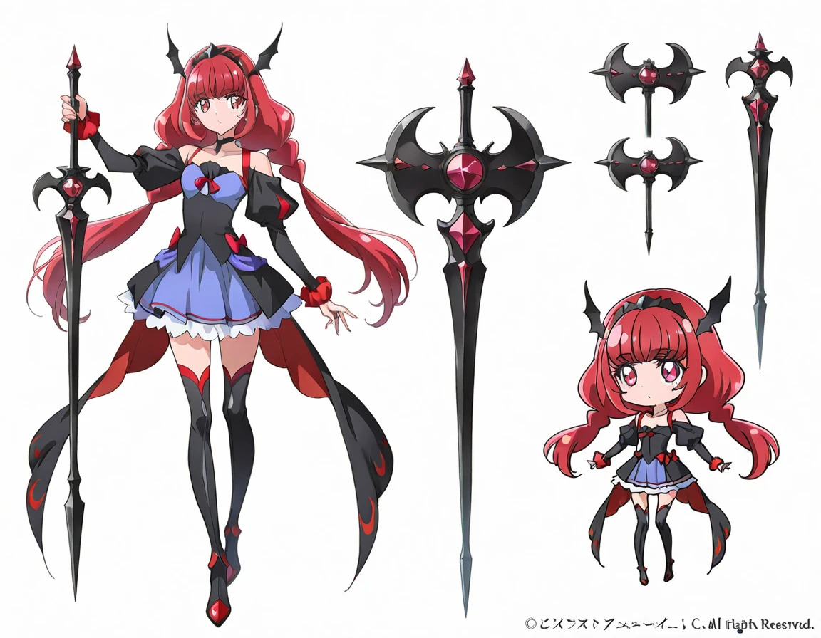(((Best Quality))) , ((full body)), female, reference sheet, solo, (white background), high-fantasy, holding weapon, chibi, precure,