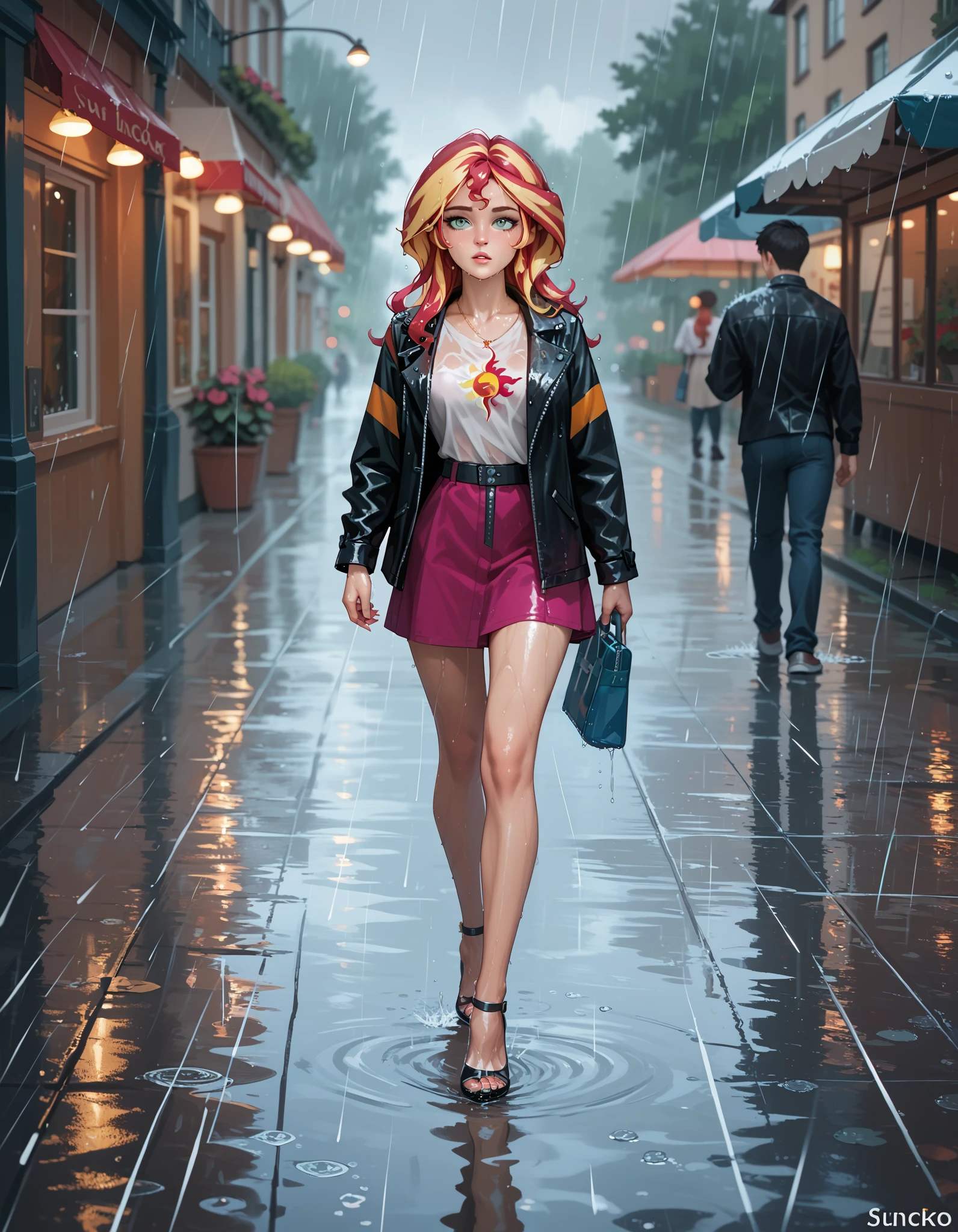 sunset shimmer walking in the rain, only wearing a poncho, wet