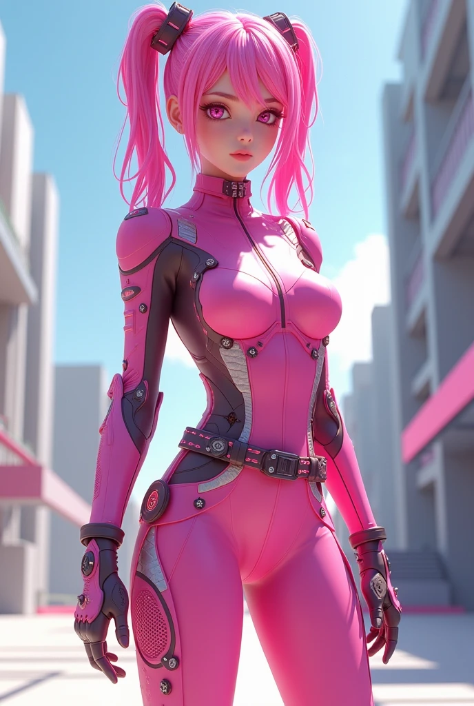 masterpiece, best quality, 1girl, solo, retro futuristic cyborgwoman, seamlessly blending mechanics and elegance. fit, small breasts, blueish skin, with magenta hair, fashion modeling pose, form fitting pastel green and pink with black colorblocking gundam suit-like-armor , happy, wild hair, humanoid face with bigger eyes and some cyberparts holding a retro futuristoc space-gun, plain background, dark colors, Anime, Cartoon, Comic Book, Concept Art