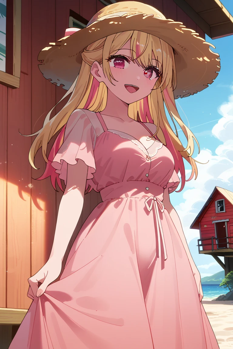 (best quality,high quality, masterpiece,1girl,solo), (Venice:1.4), one piece dress,two side up,blonde hair, sandals, picnic basket, summer, sunlight, cloud, Scenery, smile,