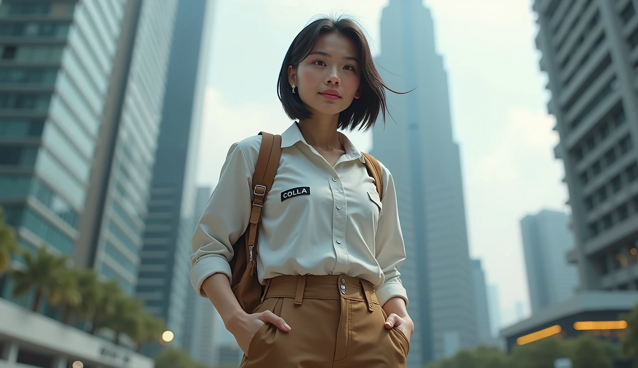 an Indonesian Javanese woman (30 years old, oval and clean face,,thin body, Indonesian-style skin, wearing a thick winter jacket, jeans) standing posing like a model on the Great tower Eiffel of Paris, photo slightly tilted to the side, visible face, atmosphere night, minimal lighting, sunset light. ultra HD, real photo, very detailed, very sharp, 18mm lens, realistic, photography, leica camera