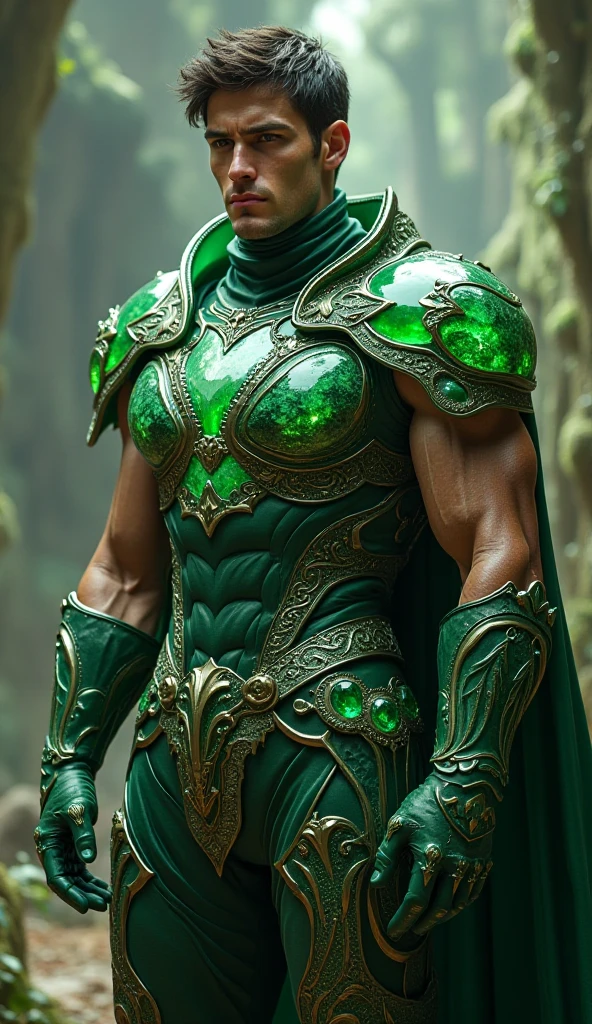 Quarter body photorealistic handsome hunky fractal masculine brown haired gaio wearing a green with gold transparent crystal chrome glass trimmings super suit , look at camera, detailed face parts,, forest as background, Freestyle Pose, Happy Expression, perfect anatomy, symmetric body,, 18 years old, :: high detail, a lean athletic body, realistic, human skin, extremely detailed fingers, chad chin,, masculine, human skin, , gorgeous, Attractive. super bulges in action . camera focus face front