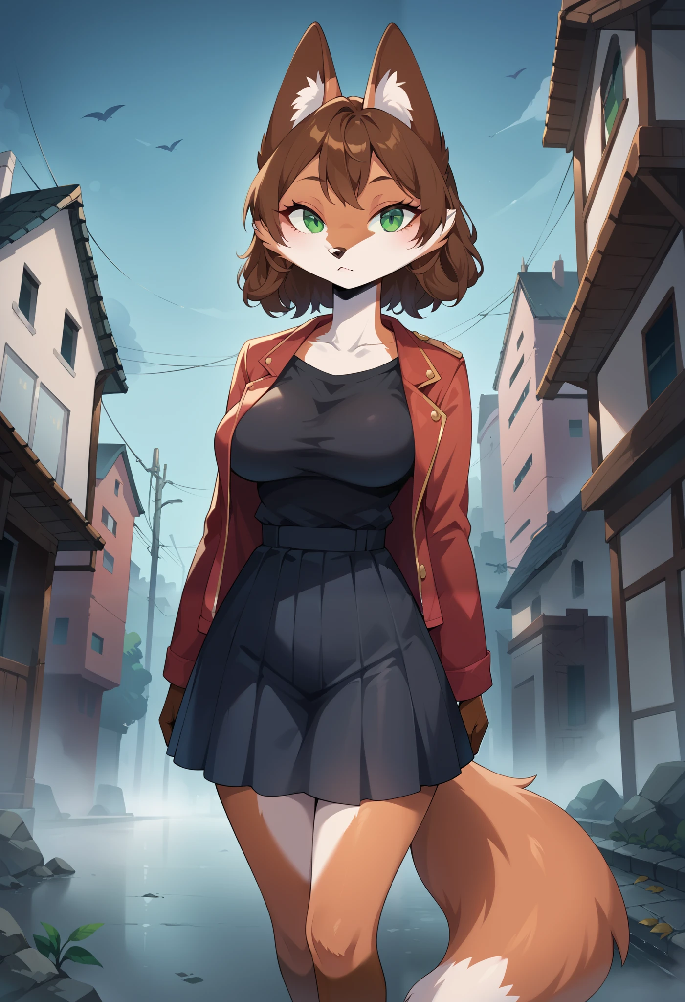 score_8_up, score_7_up, score_6_up, score_5_up, score_4_up, 1girl, solo, Sineki, anthro fox, brown hair, furry female, middle breasts, wide hips, green eyes, curly hair, brown body, 30yo, show accurate anime, 4k, ultra detailed, focus eyes, source_anime, anthro fox, thick fog, abandoned city, crossroad, serios face, standing, fog, in the fog, grey sky, red jacket, black skirt, black shirt, ruanyi1099, house,fog, outdoors