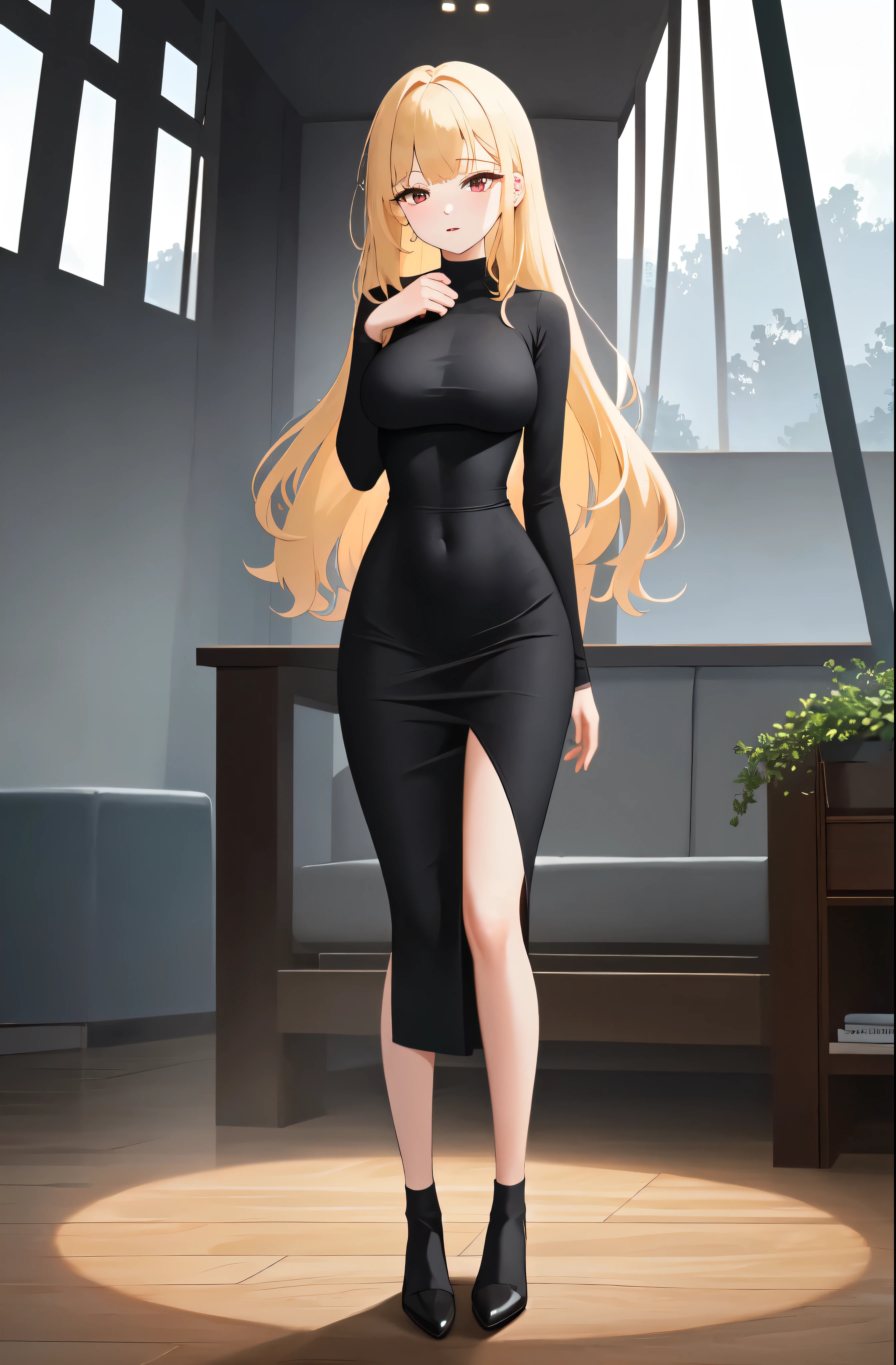masterpiece, dress, black dress, Black dress, Black Dress, dongtan dress, Dongtan dress, Dongtan Dress, black dongtan dress, Black dongtan dress, Black Dongtan Dress, highres, Super detailed, very detailed, highest quality, best quality, super detailed, standing, high quality, high-definition, extremely detailed, (large breasts), mature female, Full body drawing, full body drawing, straight body, slender body, Slender body, Slender Body, (masterpiece), (best quality), (hyperdetail), (illustration), ((extremely delicate and beautiful)), (detailed light), (prefect's body), 1 girl, 1 Girl, one girl, One girl, One Girl, hanging hand over head, {{{{{long hair, Long hair, Blonde hair, blonde hair, blonde, Blonde, Red eye, red eye, Red Eye, binyeo, Binyeo}}}}}, sexy, sexy belly line