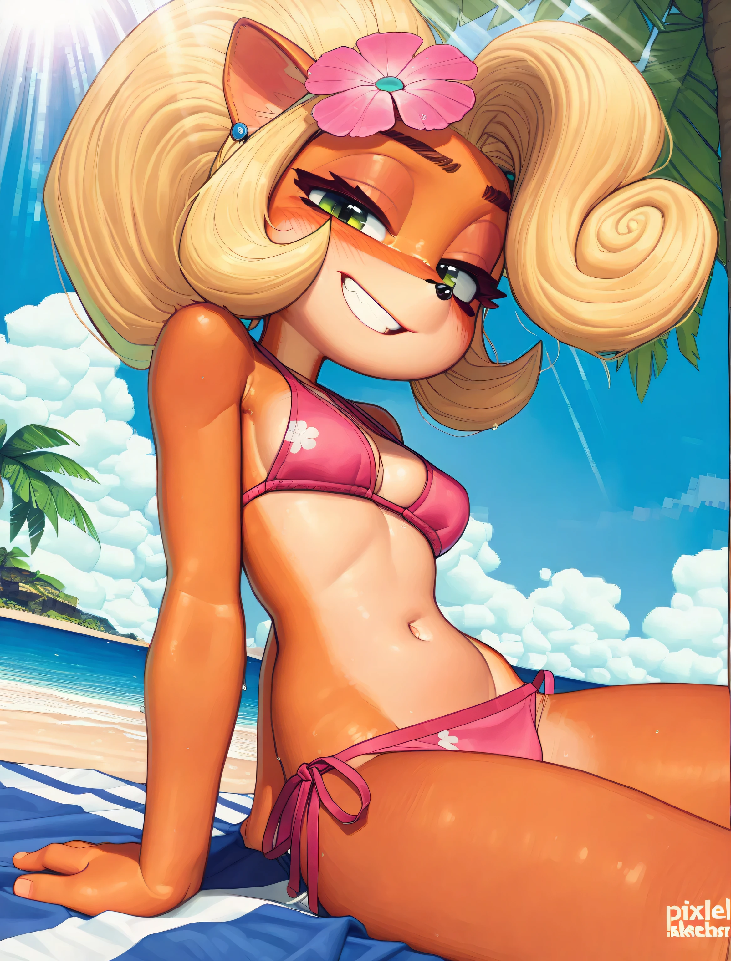 (,young girl ,short stature,gyaru)) ,flat chest,nsfw,plump,((hip hang miclo bikini)),,beach, big head,evil smiling,pov pussyjob