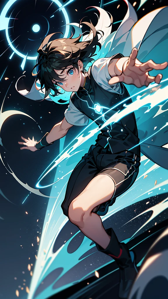 “A tense moment where the protagonist, a young high boy, is being pulled through time. His body is suspended in a swirl of glowing blue and white energy, distorting the space around him. The world behind him—showing a peaceful suburban town—begins to fragment into shards, as the future and past collide. His expression is a mixture of awe and fear, as the swirling vortex envelops him. The time travel effect is otherworldly, with streaks of light bending and breaking reality.”