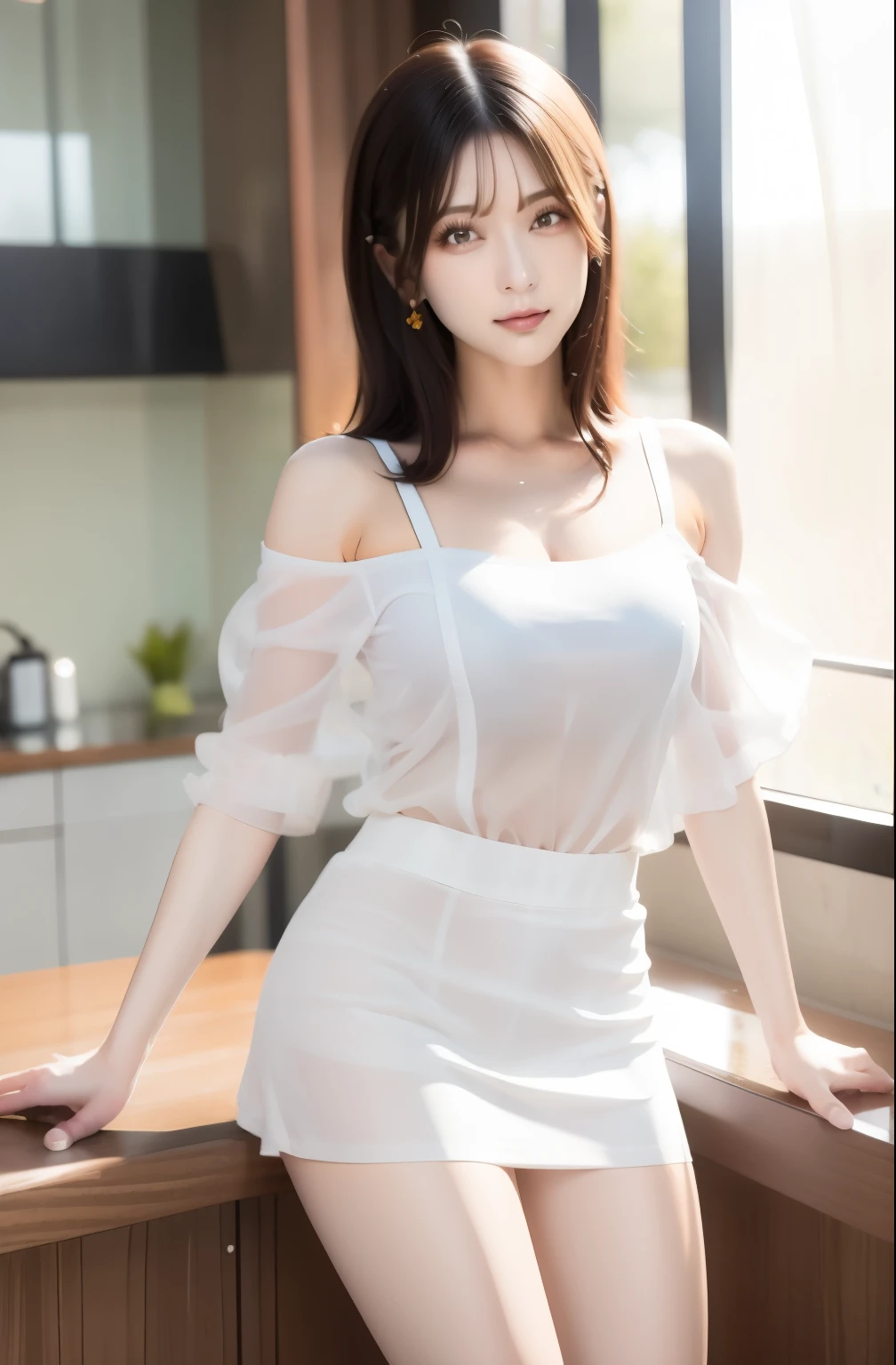 (hyper realisitc), (illustratio), (A high resolution), (8K), (The is very detailed), (Most Best Illustration), (beatiful detailed eyes), (best qualtiy), (ultra-detailliert), (tmasterpiece), (the wallpaper), (Detailed face), 独奏, (dynamicposes), 1 rapariga, White wavy curls in the kitchen, Korea, Heterochromic eyes, Little moles under the eyes, (aprons)),,, long leges, Tighten abs, see through clothes, ssee-through, (camel-toe), (black lence stockings), (with no underpants), (no-bra),(full bodyesbian)(Self-sexual gratification),