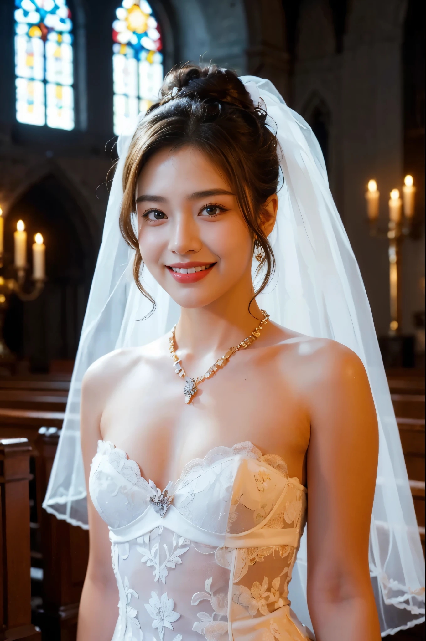 1 girl, smile, shiny skin, delicate face, best quality, masterpiece, (realistic: 1.4), wedding dress, random hairstyle, perfect figure, small breasts, princess