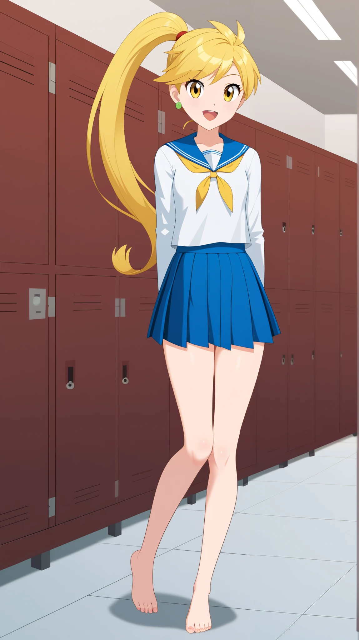 (( best quality )), ((masterpiece)), (( Details)), 1girl , Two legs, two arms, golden hair color, ponytail laughing at , long hair, yellow eyes, high school girl, long sleeve sailor suit, blue pleated mini skirt , barefoot, beautiful feet, thighs, Audience , 1 Female, Age 18, yellow earring, Tall, sexy smile, seductive smile, standing, Anime Coloring Book, whole body, sexy pose , slim figure, Women's locker room, (\Pokémon\), score_9, score_8_Excellent, score_7_Excellent, score_6_Excellent, source_Anime, cell shading, flat collar , vector,
