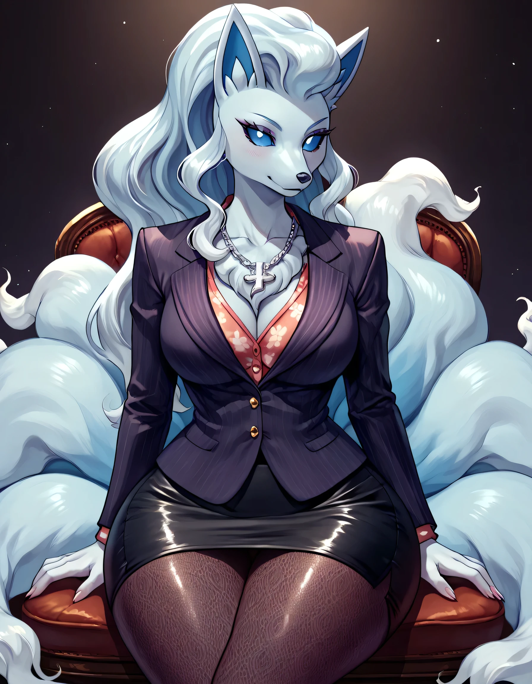 score_9, score_8_up, score_7_up, Alolan Ninetales ,   long hair ,   multicolored leather ,  blue sclera , pokemon \(creature\), (One),  woman ,  second ,  seat,   elegant ,   striped pattern  , blazer,   pencil skirt,  nylon tights, open neckline, necklace,  ( thick hips:1.5),  _busty ,   looks at viewer  , cross-legged, 
