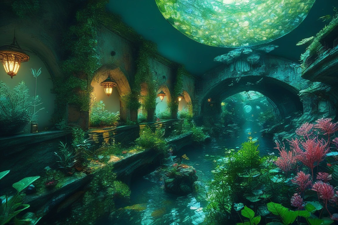 A surreal citypark landscape at night, dominated by skyscrappers and bussiness towers dunes under a starry sky. At the center of the citypark sits a colossal, weathered brick and mud well on the grassland terrain. The outer surface of the well is rough and ancient, blending into the greenery park. However, inside the well's circular opening lies a vibrant and magical underwater world bursting with color. The interior features glowing coral reefs, lush underwater plants, shimmering schools of colorful fish, and a radiant, flowing stream. The stark contrast between the greenery park environment and the vivid, otherworldly scene inside the well creates a sense of magical dreamland.