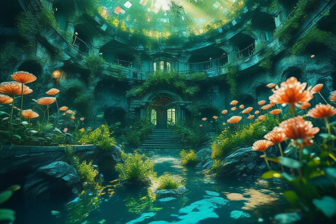 A surreal citypark landscape at night, dominated by skyscrappers and bussiness towers dunes under a starry sky. At the center of the citypark sits a colossal, weathered brick and mud well on the grassland terrain. The outer surface of the well is rough and ancient, blending into the greenery park. However, inside the well's circular opening lies a vibrant and magical underwater world bursting with color. The interior features glowing coral reefs, lush underwater plants, shimmering schools of colorful fish, and a radiant, flowing stream. The stark contrast between the greenery park environment and the vivid, otherworldly scene inside the well creates a sense of magical dreamland.